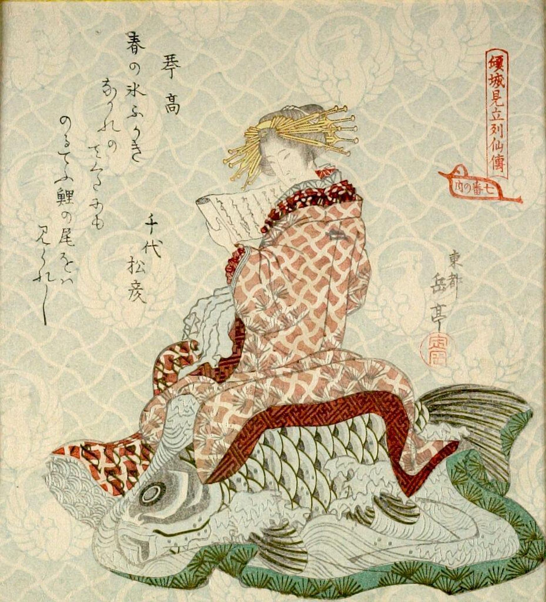 Courtesan as KinkÅ (Qin Gao), from the series Courtesans Viewed as the Immortals of Ressenden, One of Seven (Keisei mitate Ressenden, shichiban no uchi) by Yashima Gakutei 屋島岳亭