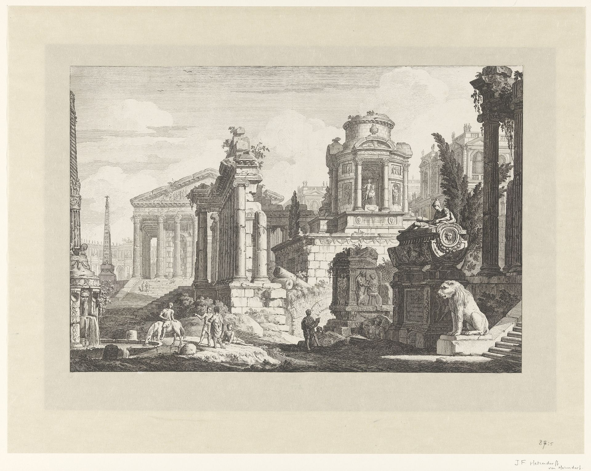 Ruïnes met een beeld van een leeuw by Johann Ferdinand von Hohenberg