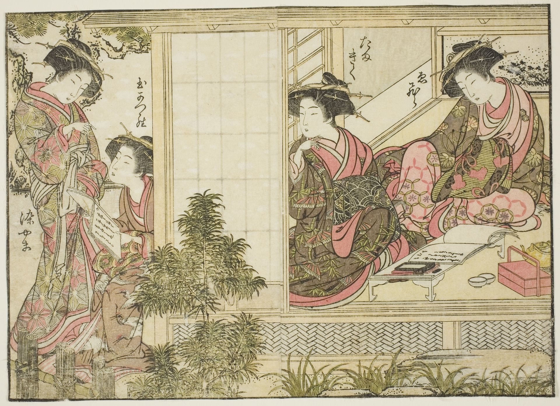Courtesans of Oebuji, from the book "Mirror of Beautiful Women of the Pleasure Quarters (Seiro bijin awase sugata kagami)," vol. 2 by Kitao Shigemasa