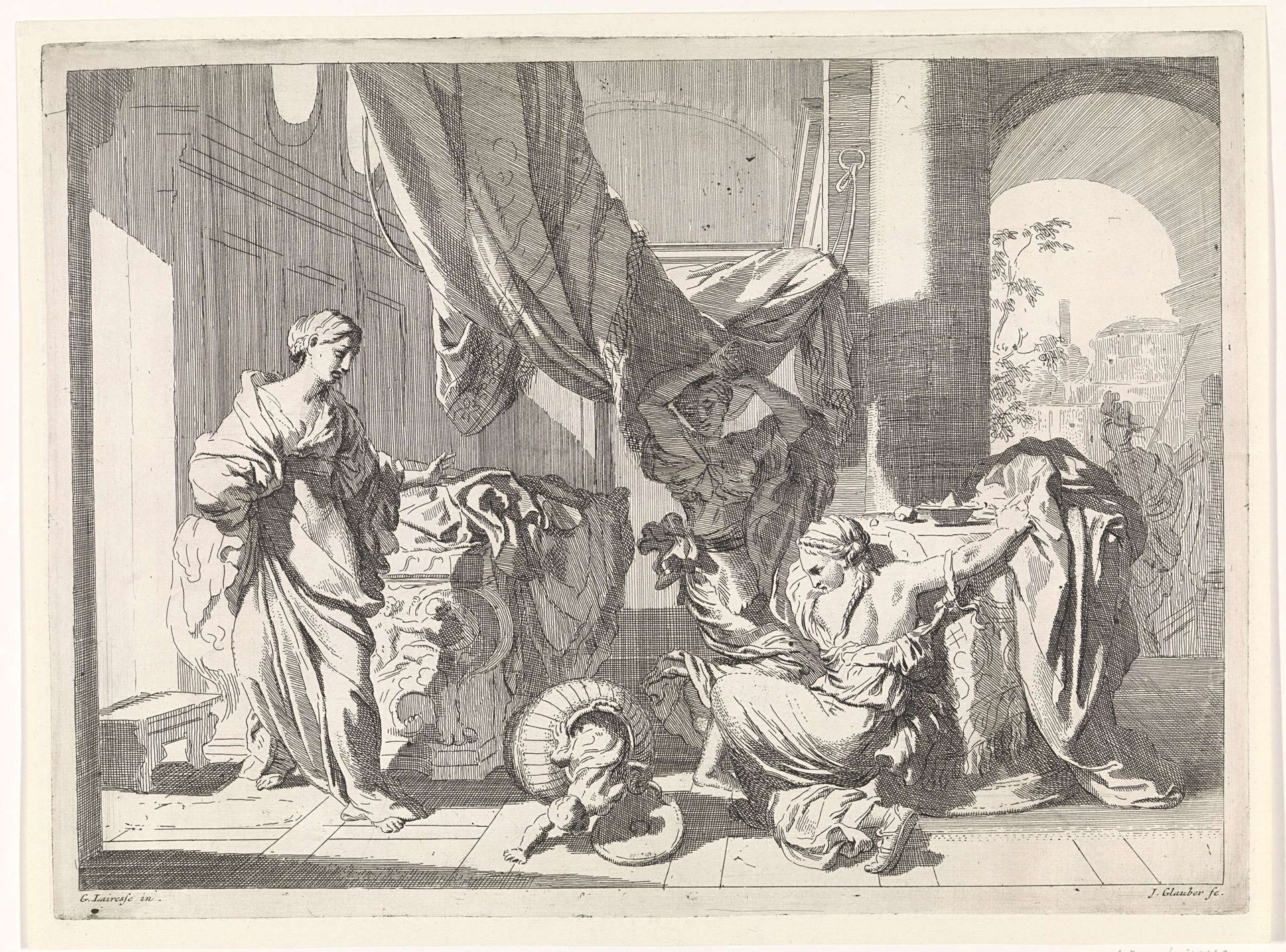 Herse en Agraulos openen de mand met het kind Erichthonius by Johannes Glauber