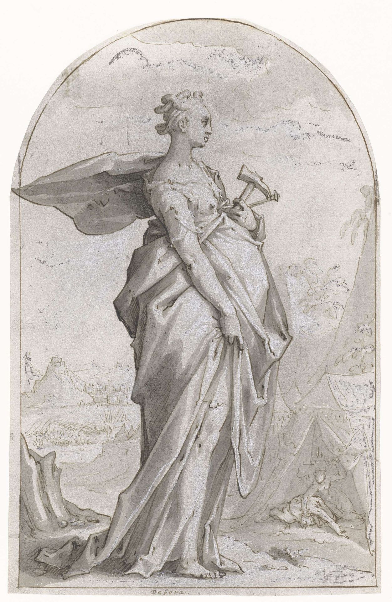 Jael met een hamer en een grote spijker by Hendrick Goltzius