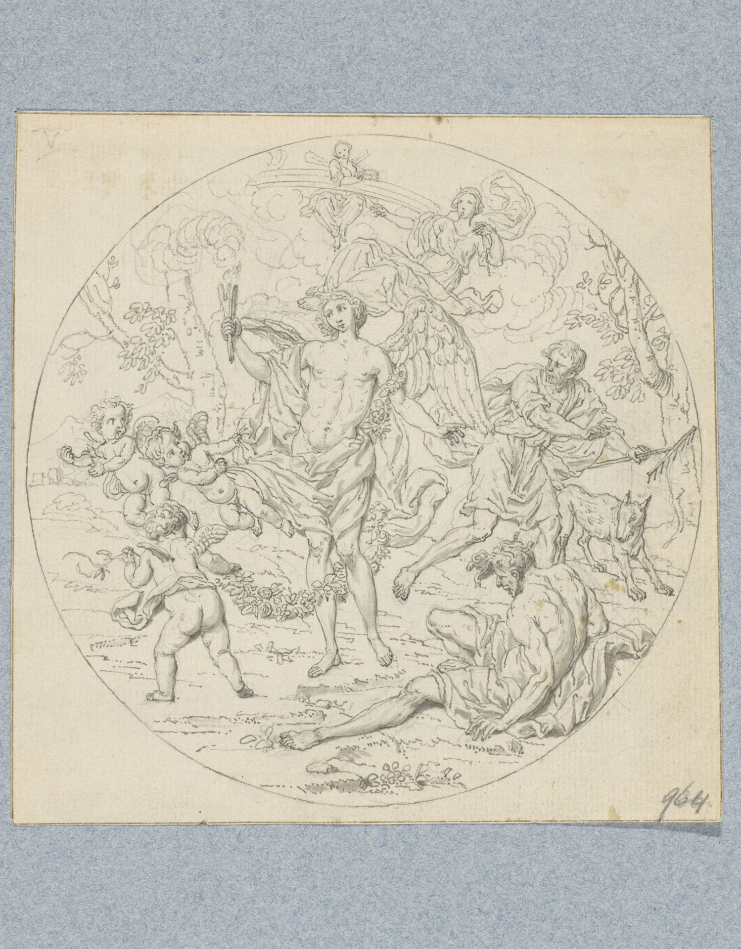 Hymenaeus, door eroten voortgetrokken, verdrijft Eigenbaat en passeert de Afgunst (in doos met 43 tekeningen) by Louis Fabritius Dubourg