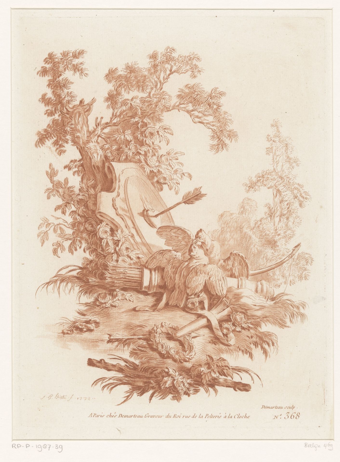 Landschap met vogels, schild en pijlenkoker by Gilles Demarteau