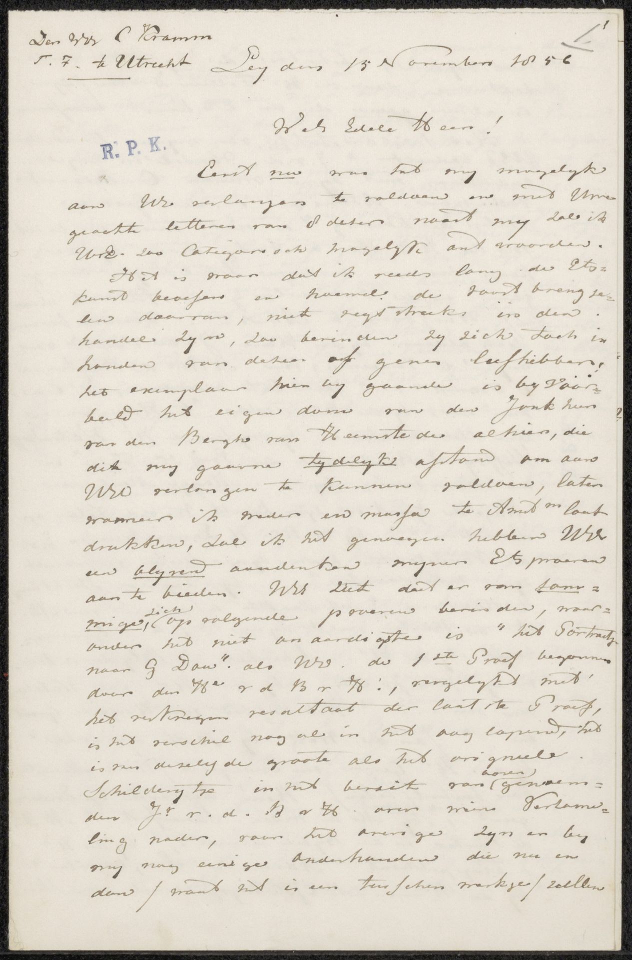Brief aan Christiaan Kramm by Jacobus Ludovicus Cornet