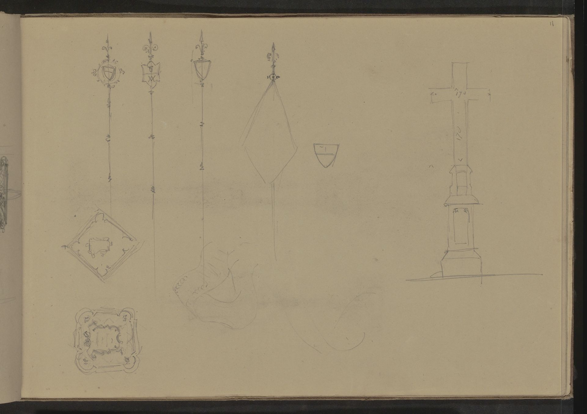 Studieblad, onder andere met een crucifix, ornamenten en wapens by Pierre Joseph Hubert Cuypers