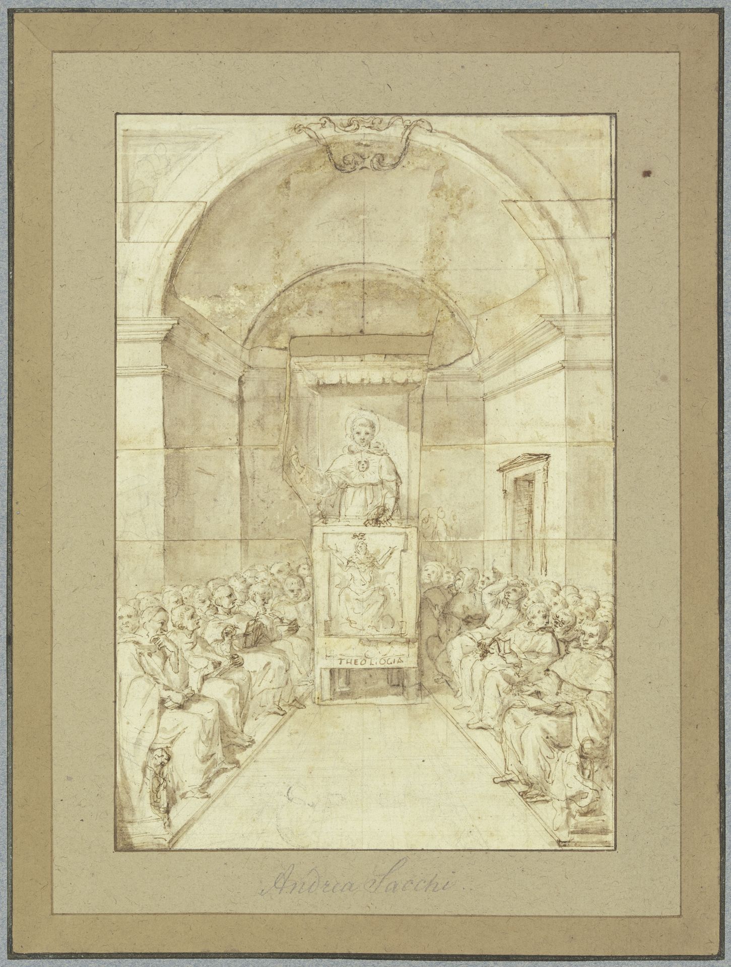 Der Heilige Antonius von Padua predigt vor einer Versammlung von Geistlichen by Andrea Sacchi