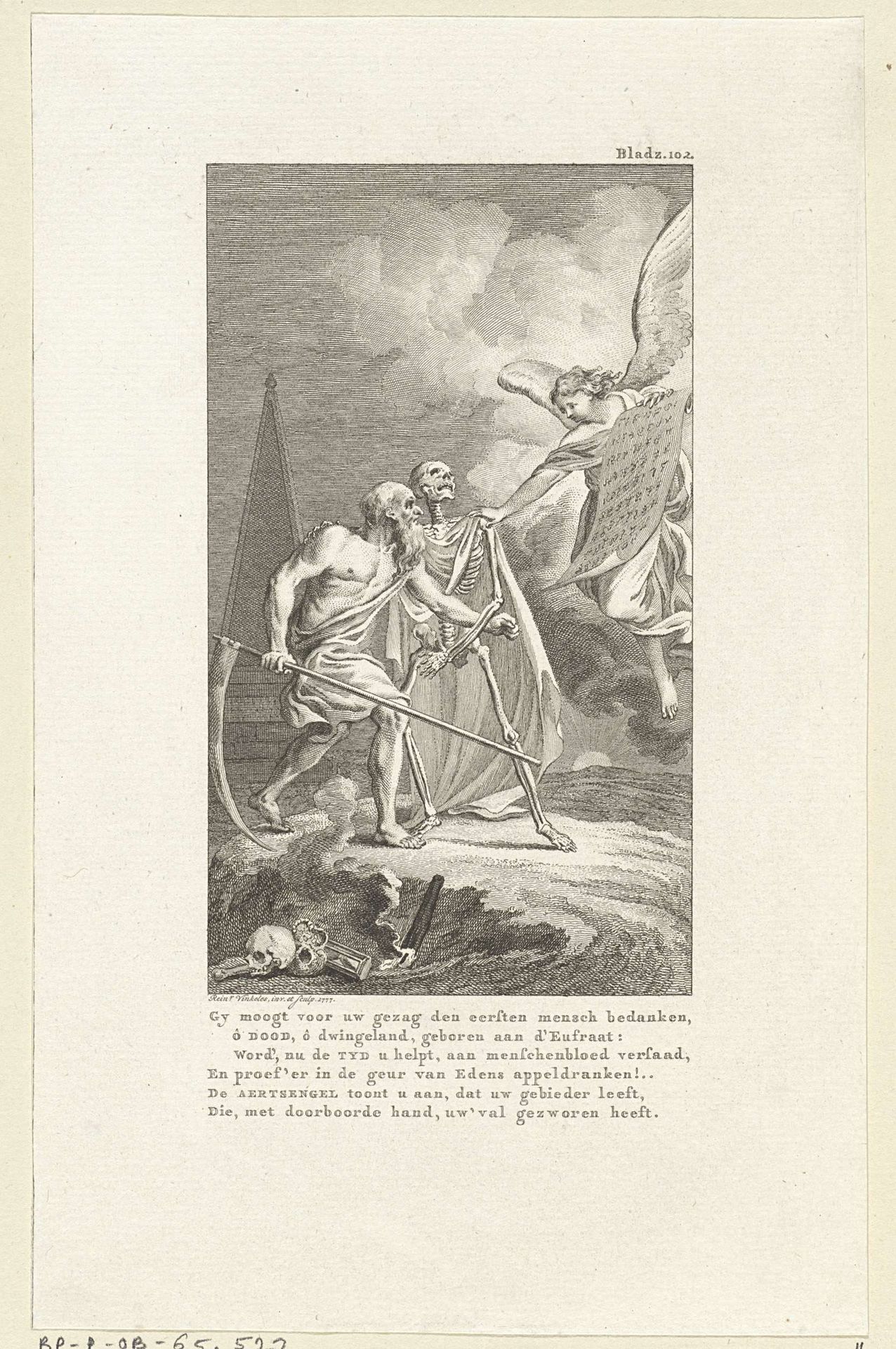 Allegorie met Vader Tijd, de Dood en een engel by Reinier Vinkeles