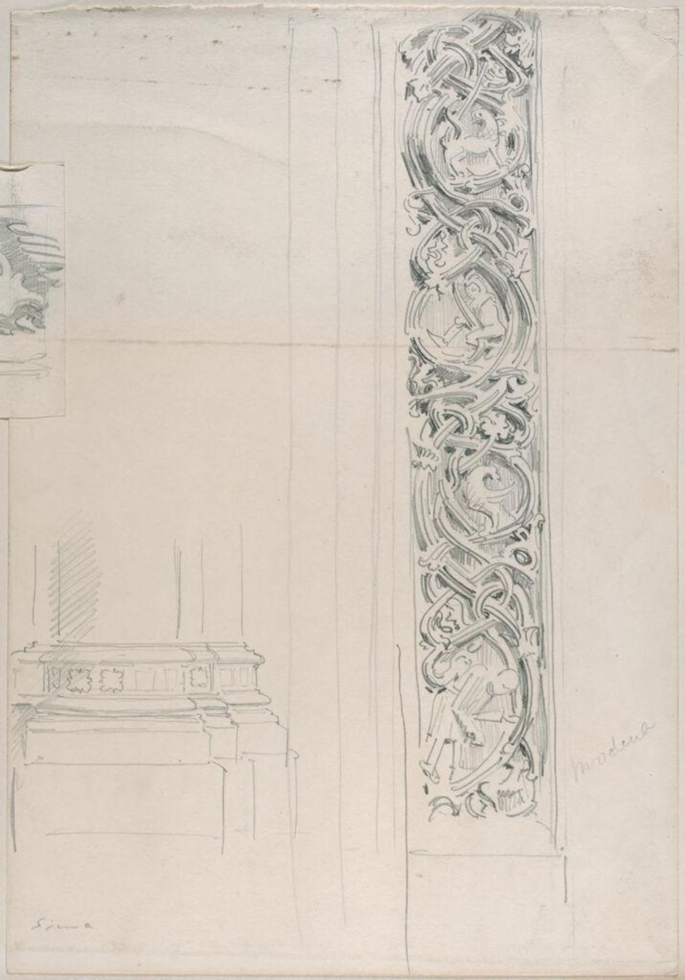 Column Base, Siena, Italy; Carved Architectural Design with Animals and Figures, Modena, Italy by John Singer Sargent