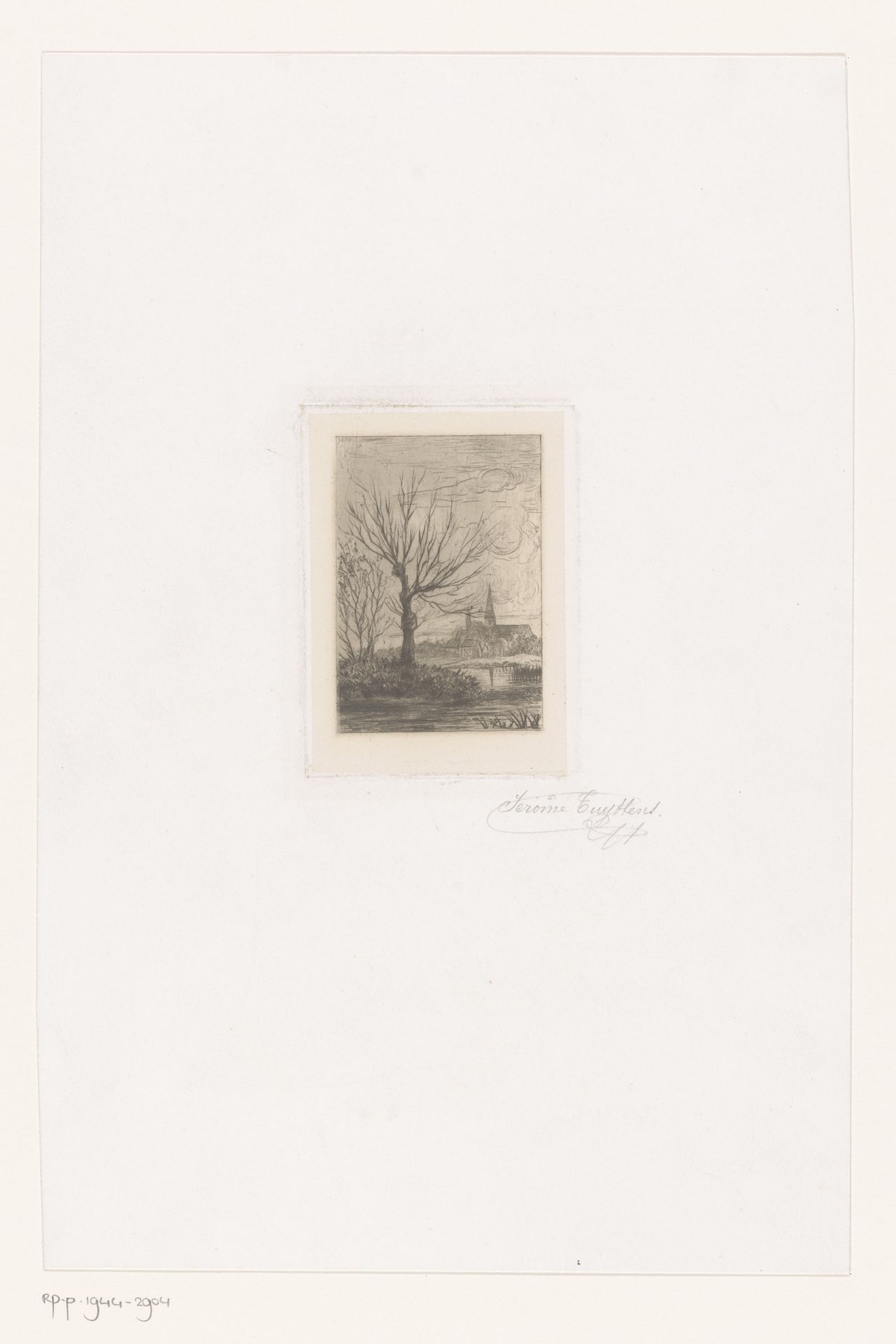 Landschap met een boom aan een rivier, een kerk op de achtergrond by Jerôme Cuyttens