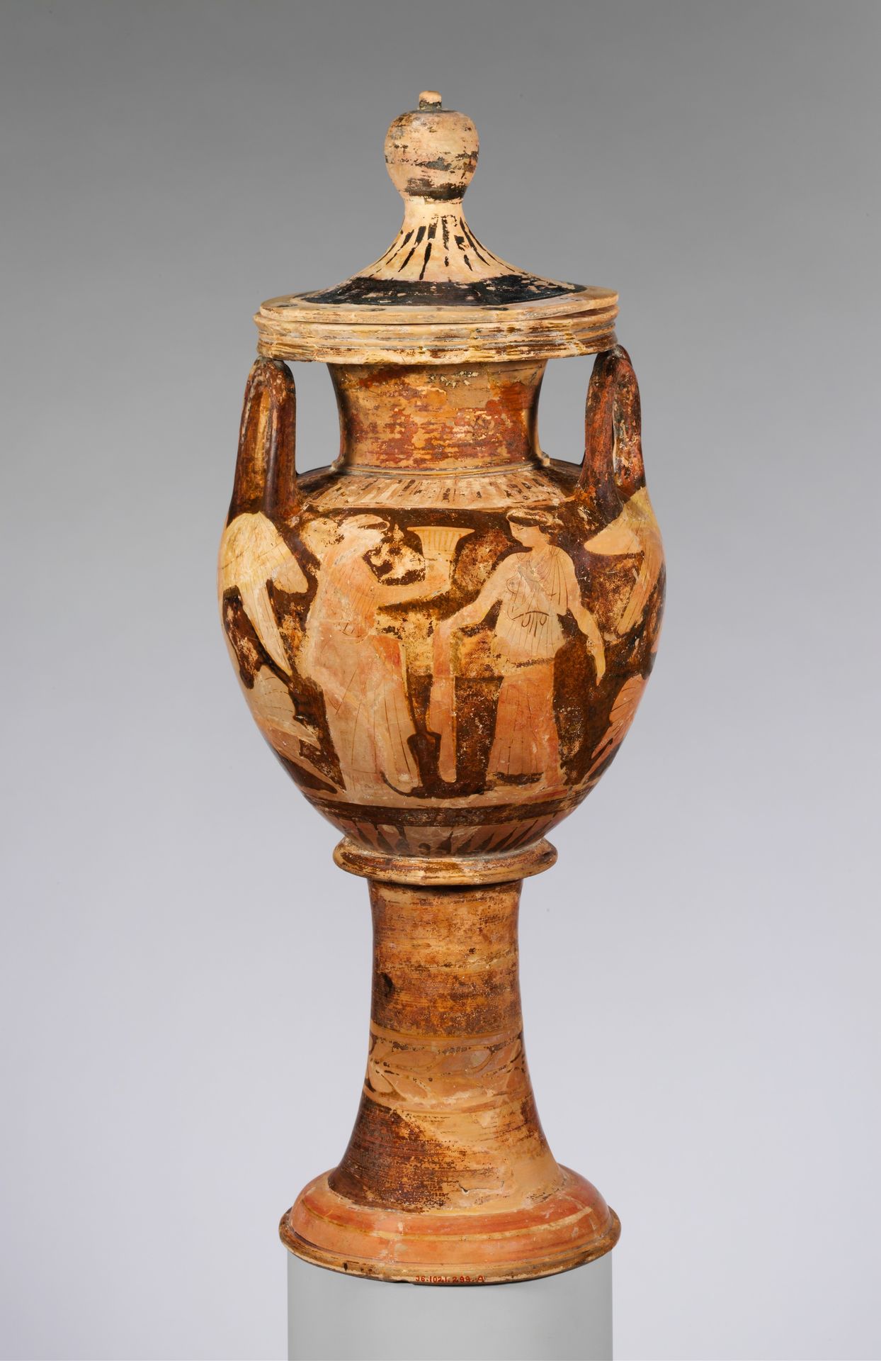 Terracotta lebes gamikos (round-bottomed bowl with handles and stand used in weddings) by Anonymous