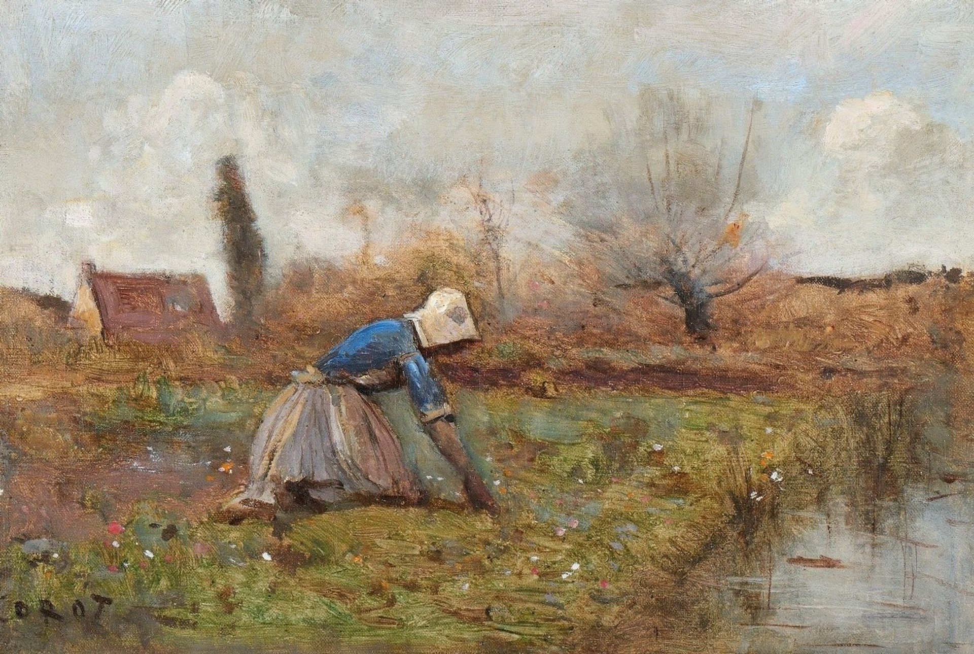 Fermière agenouillée cueillant des pissenlits by Camille Corot