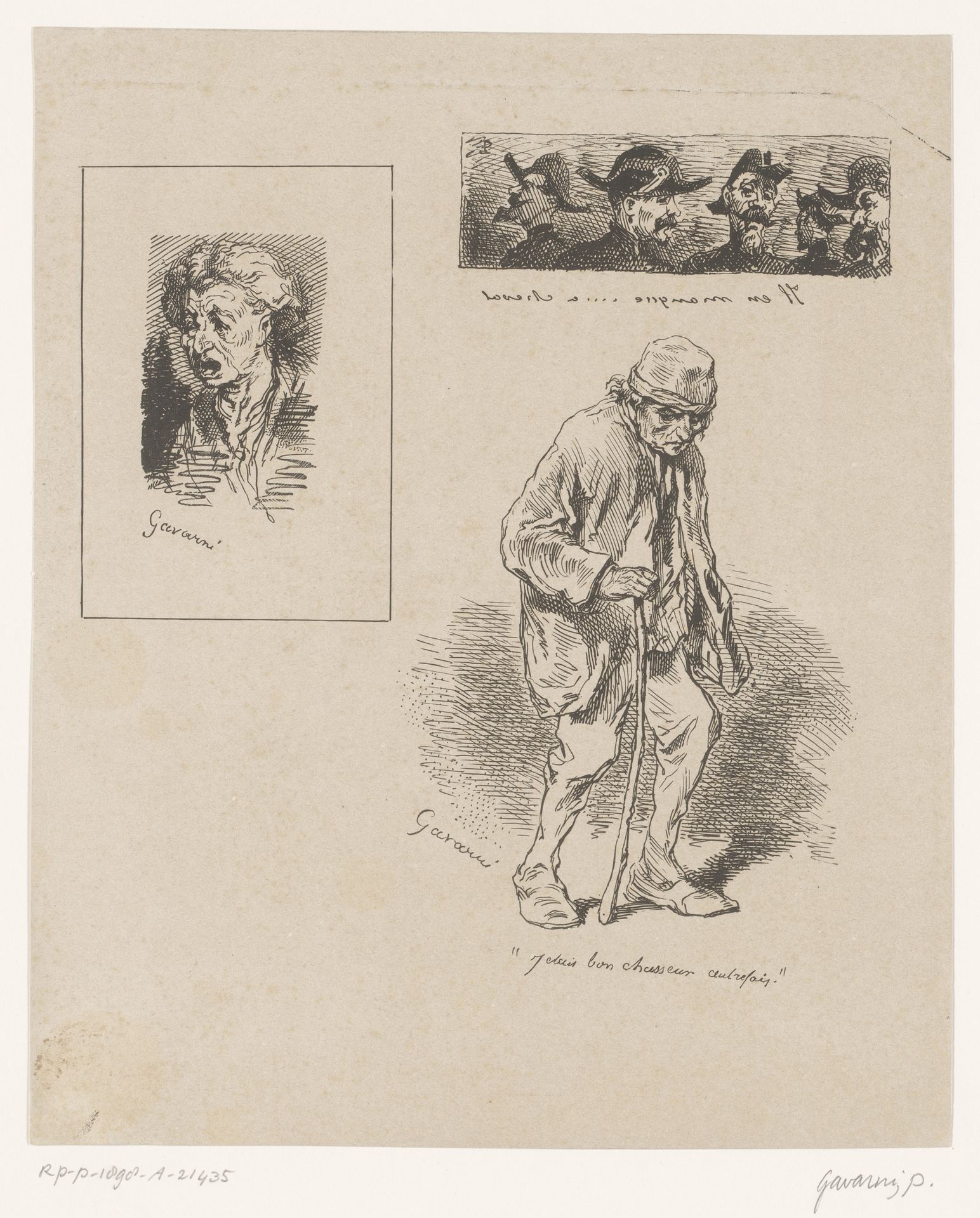 Drie studies van militairen en oude mannen by Paul Gavarni