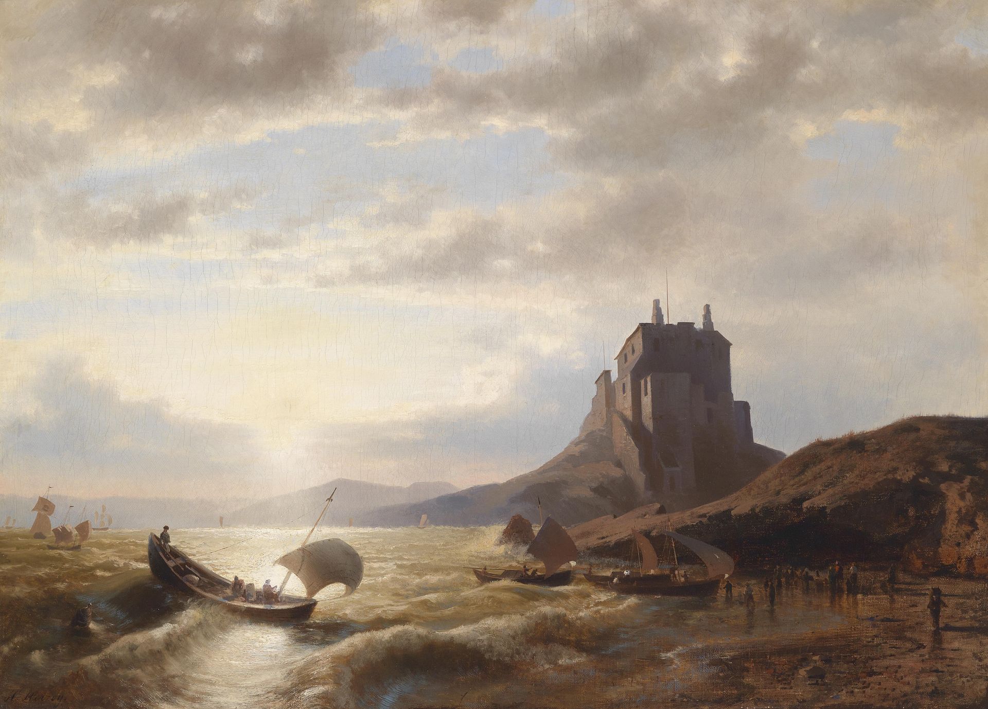 Küstenlandschaft Mit Fischern by Hermann Ottomar Herzog