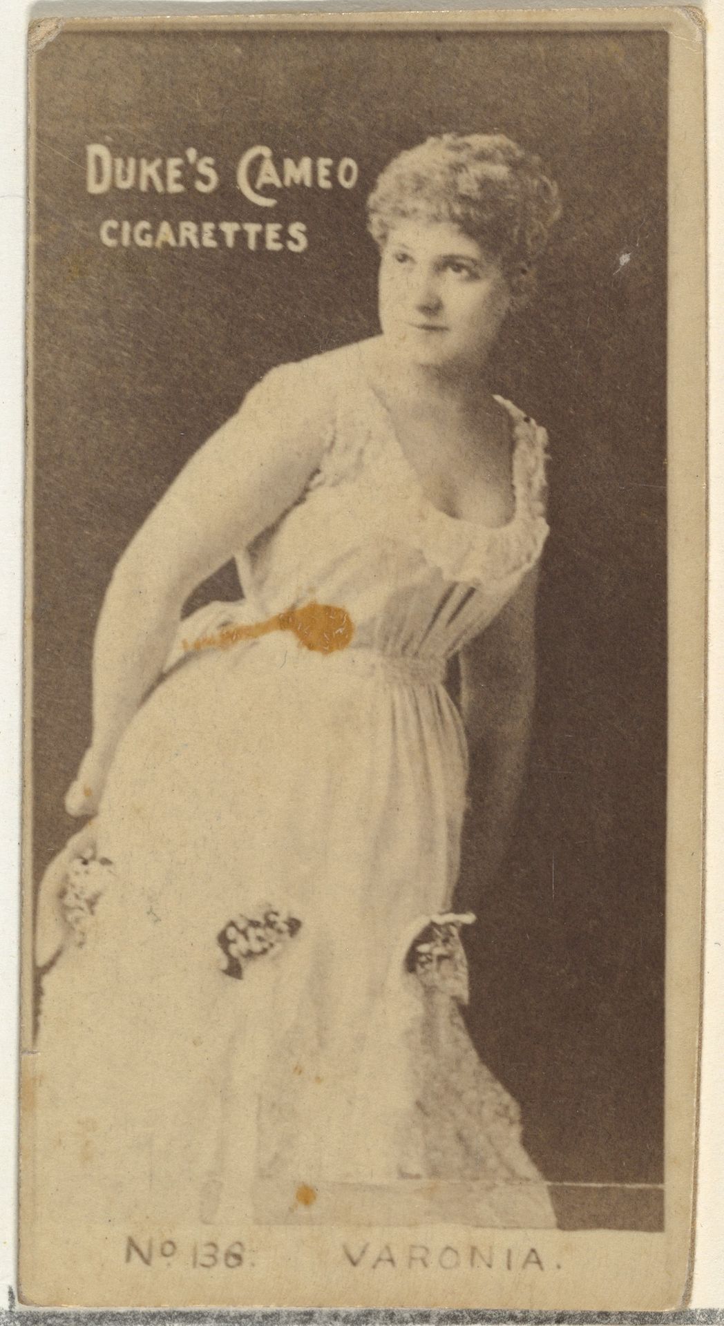 Card Number 136, Irene Varonia, from the Actors and Actresses series (N145-4) issued by Duke Sons & Co. to promote Cameo Cigarettes by W. Duke, Sons & Co.