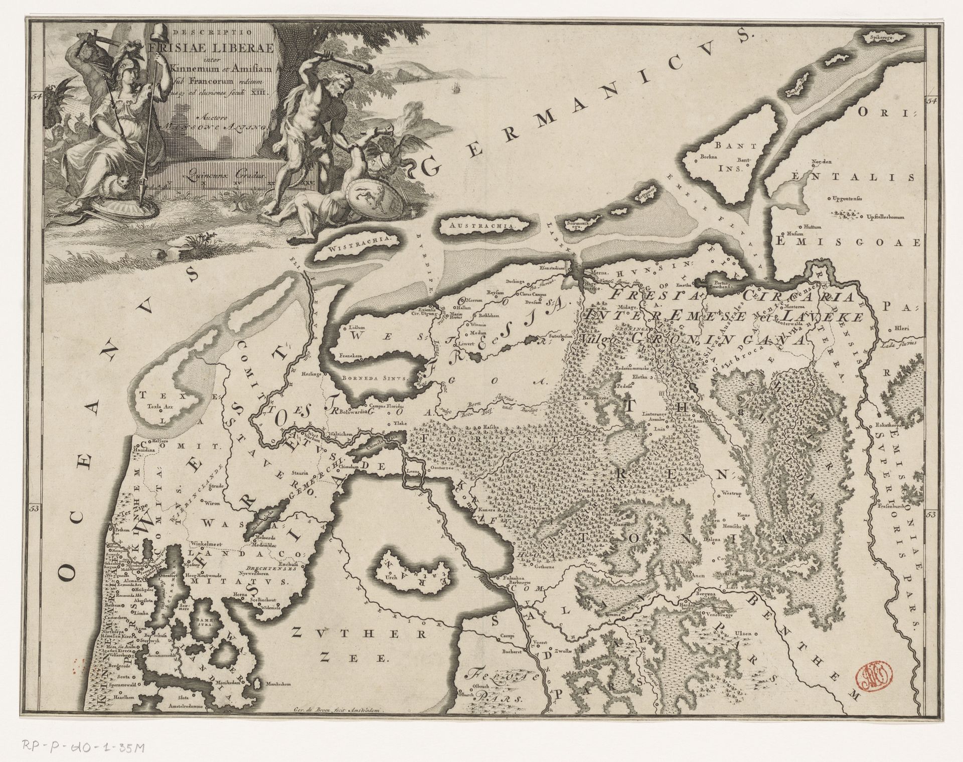Historische kaart van Nederland met de gebieden van de Bataven en Friezen by Gerrit de (I) Broen