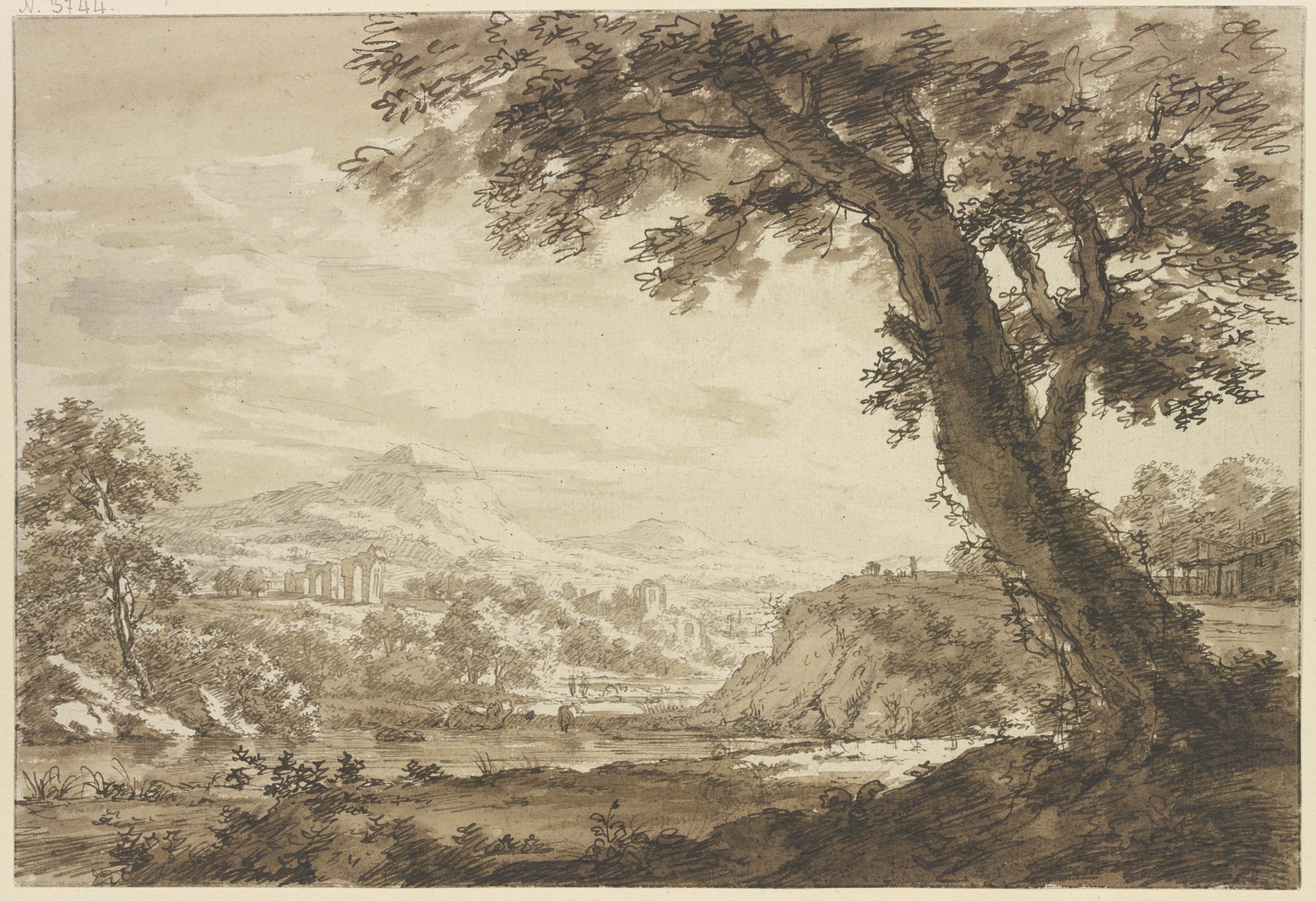 Italienische Landschaft mit Ruinen, rechts bei einem Wasser ein großer Baum by Jacob Cats