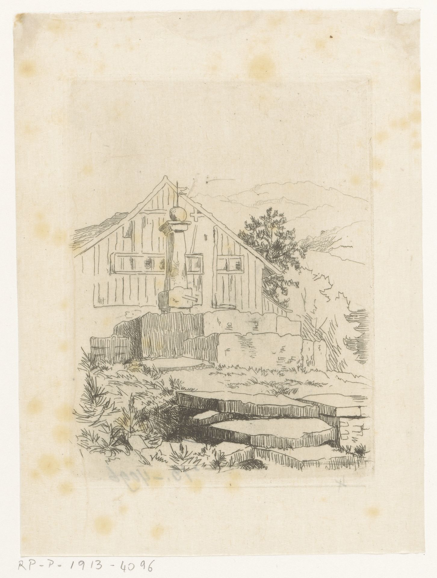Houten huis met bron ervoor by Maria van (gravin van Vlaanderen) Hohenzollern-Sigmaringen