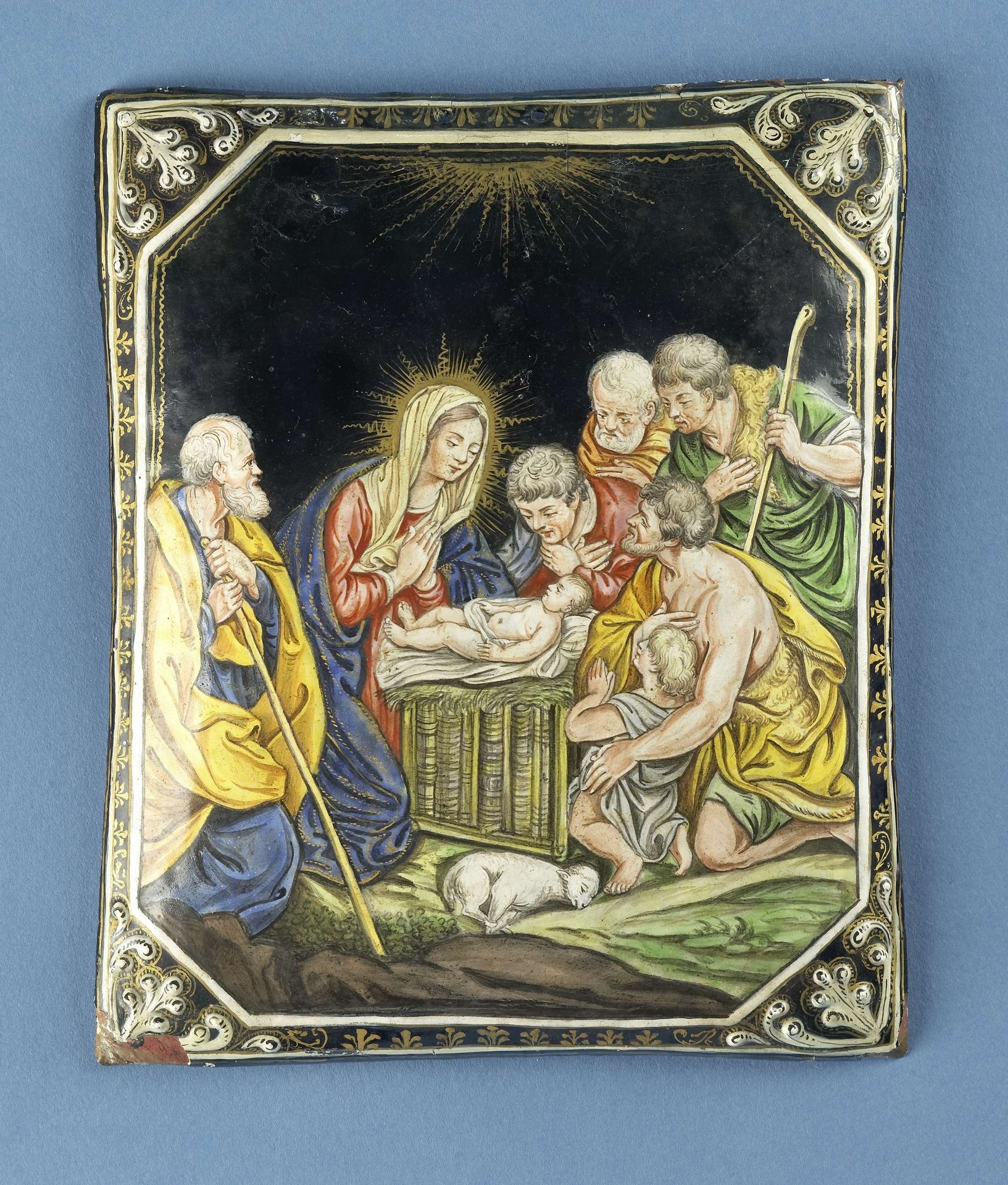 Plaquette van koper met émail met voorstelling van de Geboorte van Christus en de aanbidding door de herders. by Jean-Baptiste (I) Nouailher