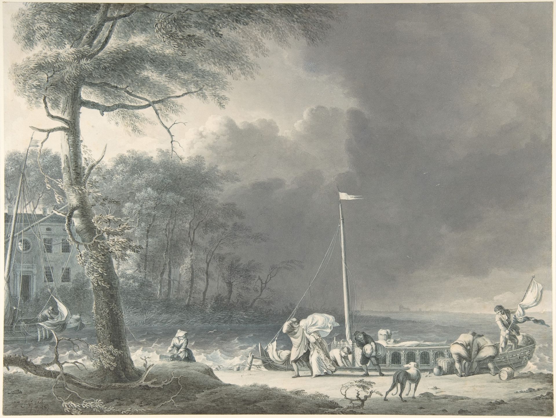 A Stormy Scene with Figures Unloading Boats Near a House on the Water's Edge by Jacob Cats