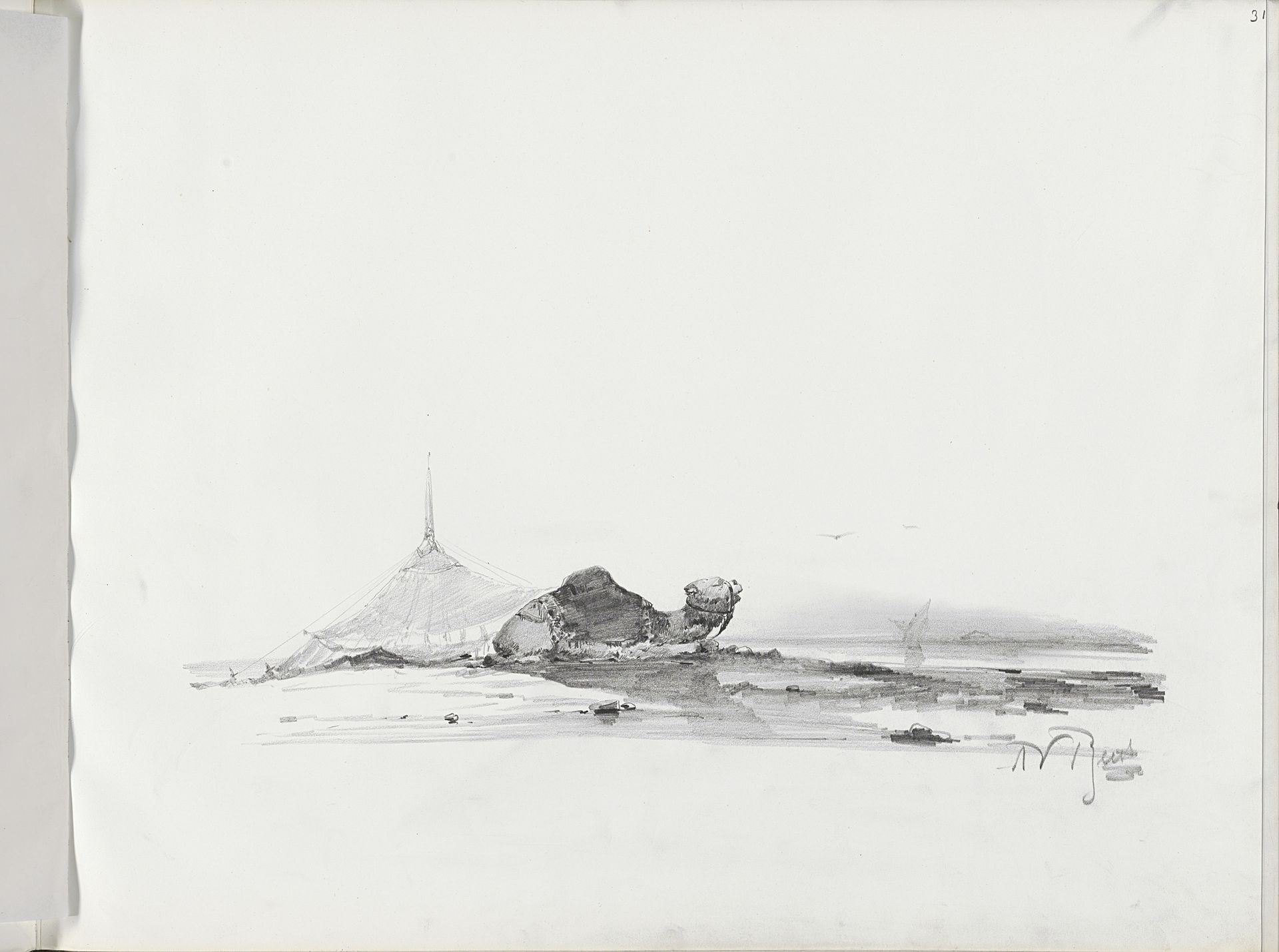 Woestijnlandschap met rustende kameel bij een bedoeïenentent by Albertus van Beest
