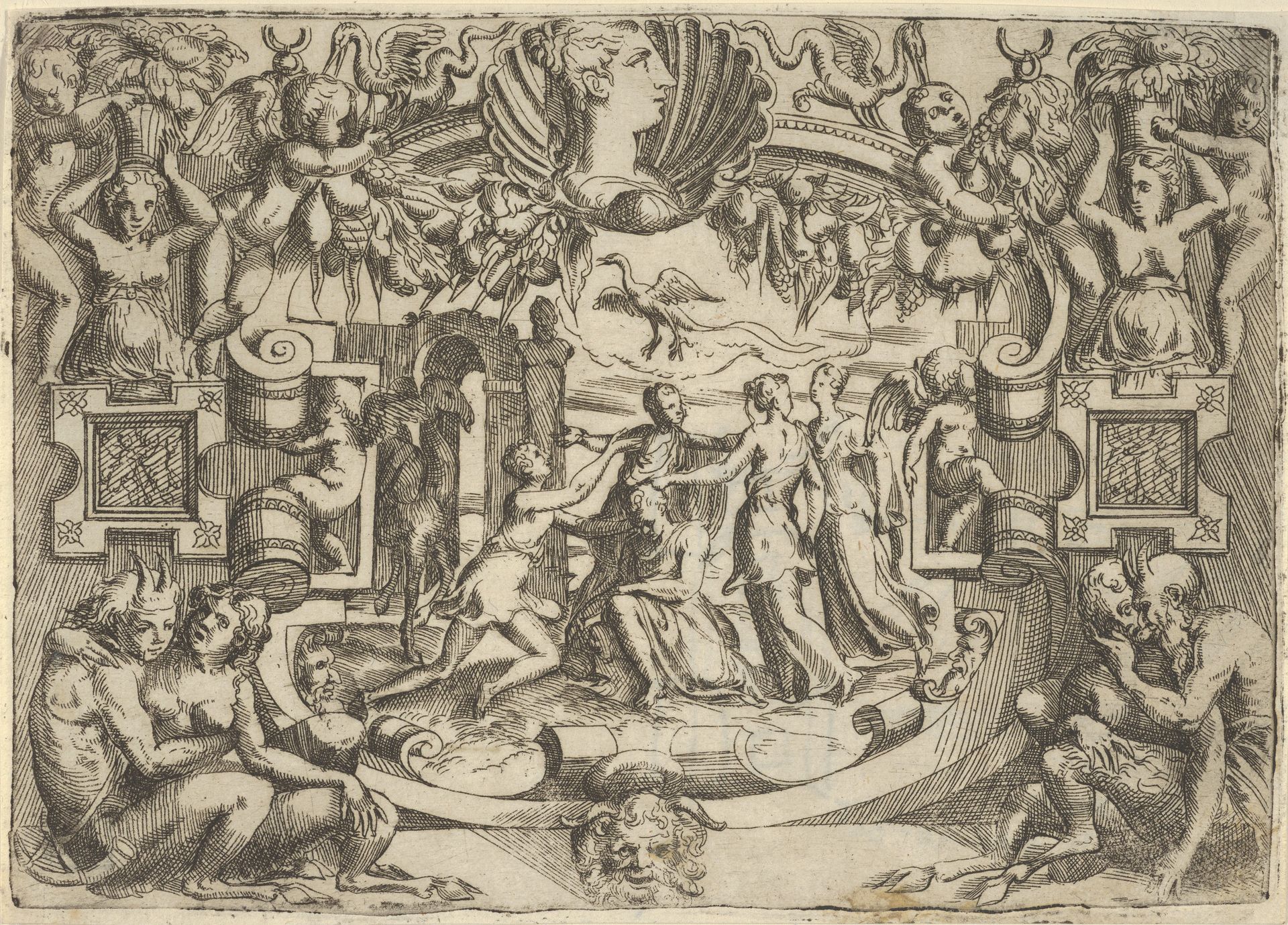 Four women surrounding a seated figure, a bird above them, set within an elaborate frame by Battista Angolo del Moro