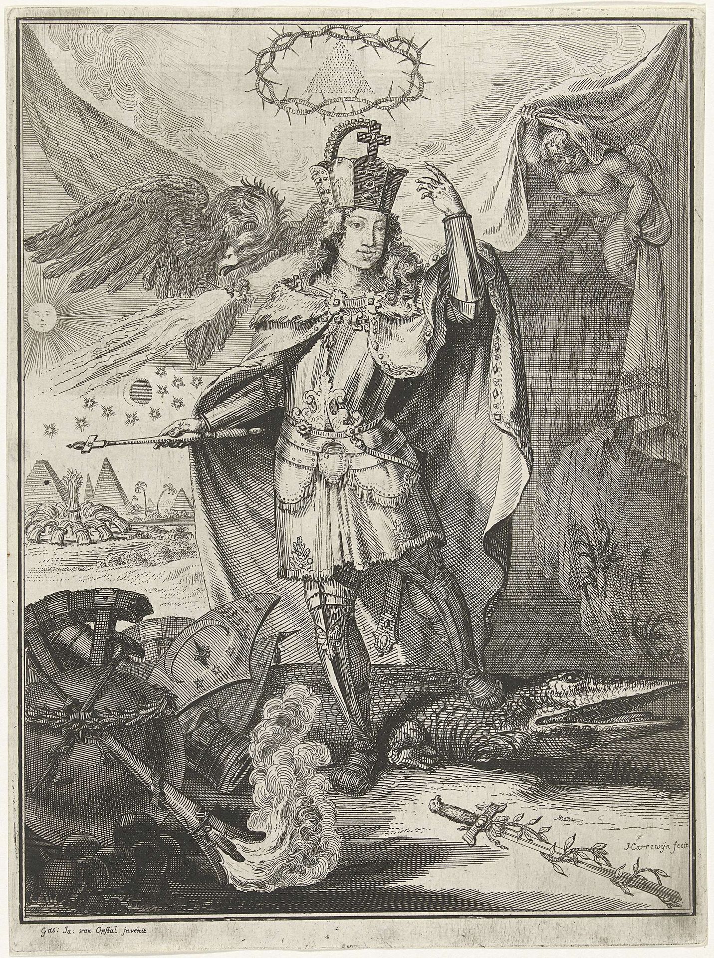 Figuur in harnas met kroon en scepter by Jacobus Harrewijn