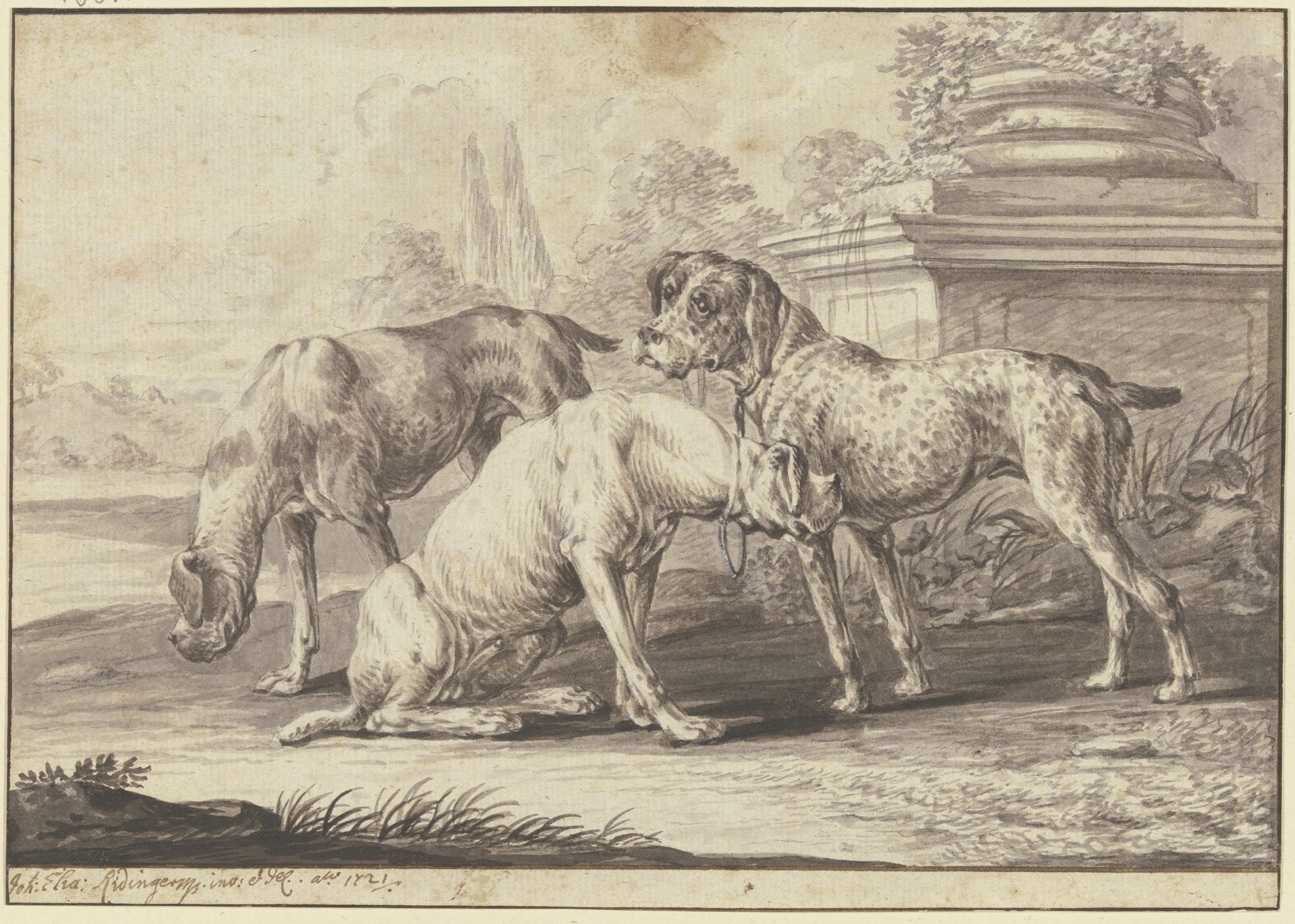 Three hunting dogs by Johann Elias Ridinger