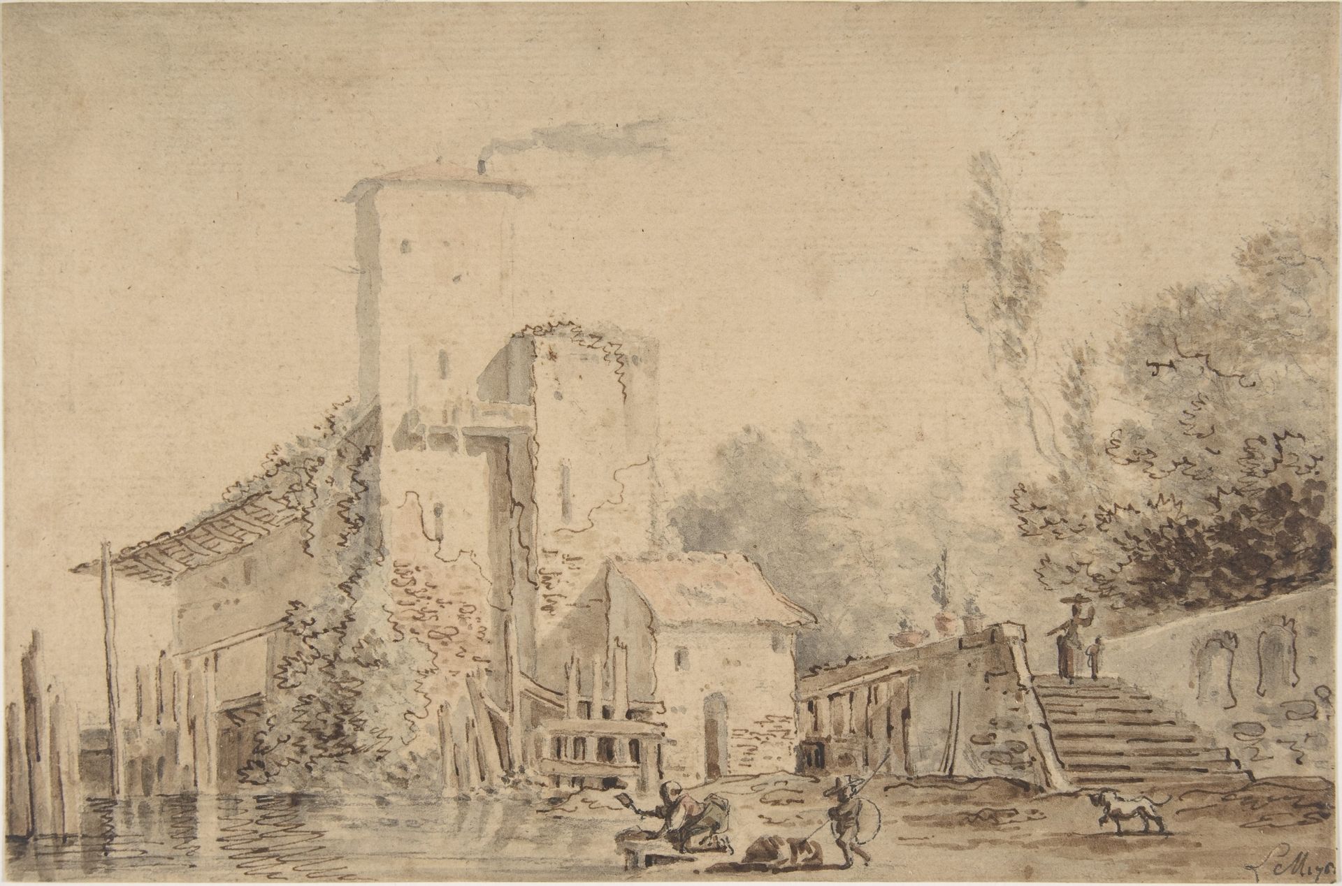 Farm House by a River with Figures by Louis Gabriel Moreau