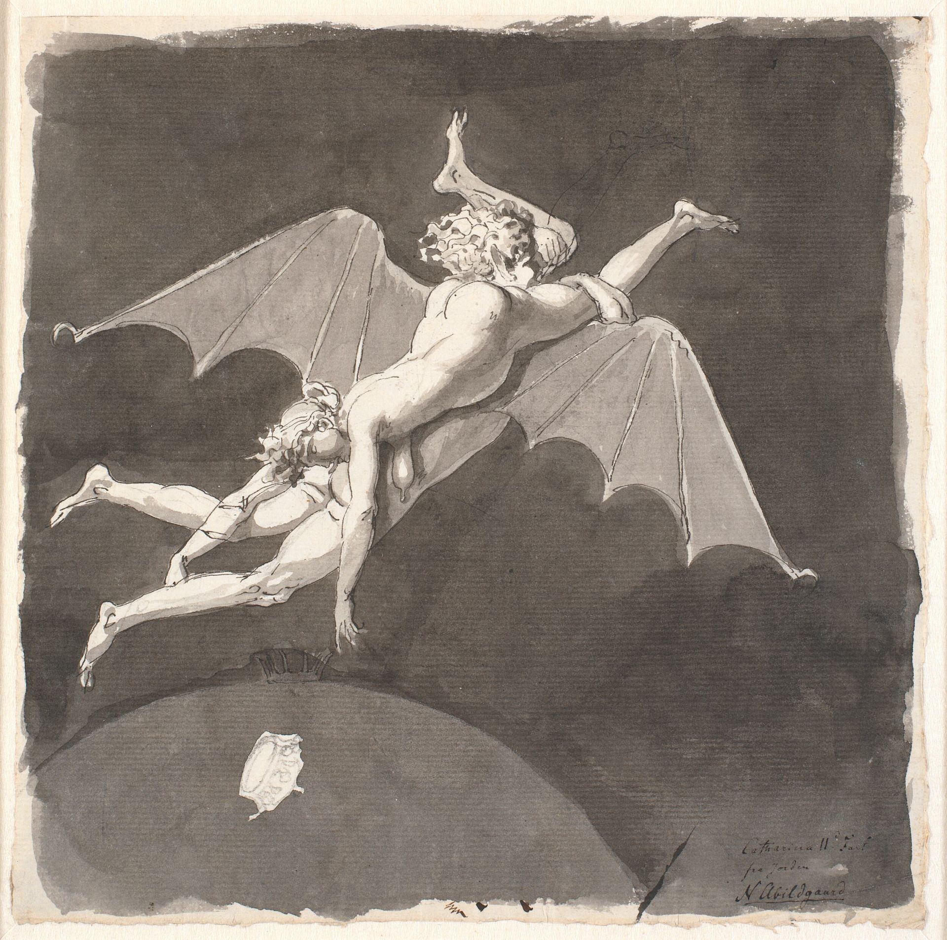 Catharine the Great, naked, flying away from the Earth on the Back of a Man with Bat's Wings by Nicolai Abildgaard