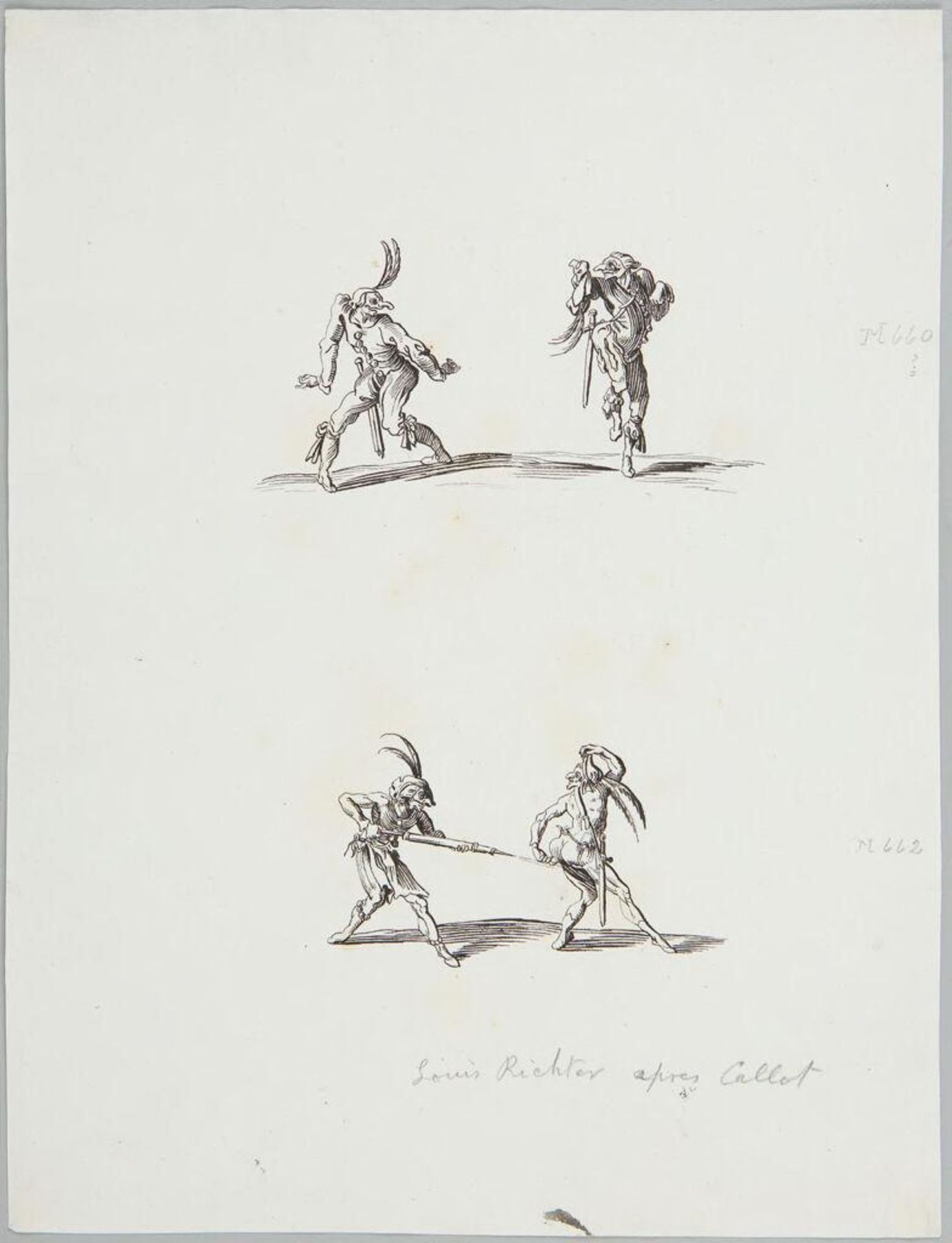 Capitano Bonbardon and Capitano Grillo, and Capitano Cardoni and Maramao, after Callot by Adrian Ludwig Richter