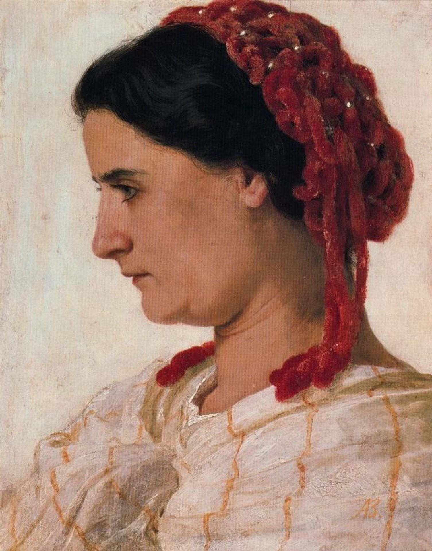 Portrait of Angela Böcklin in red fishnet by Arnold Böcklin