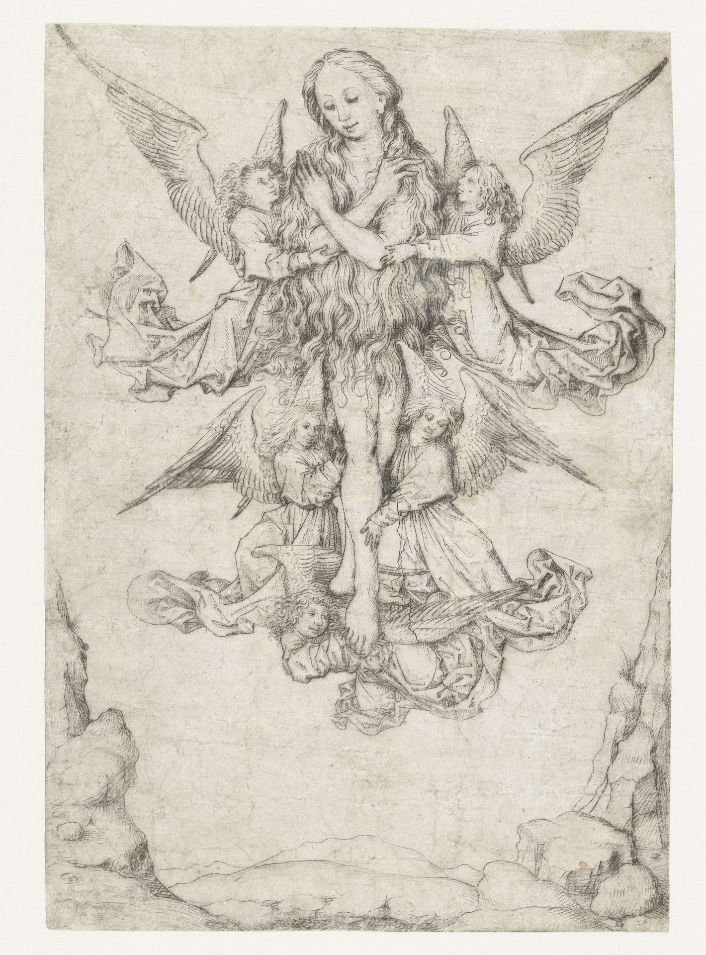 De elevatie van de H. Maria Magdalena met vijf engelen by Meester van het Amsterdamse Kabinet