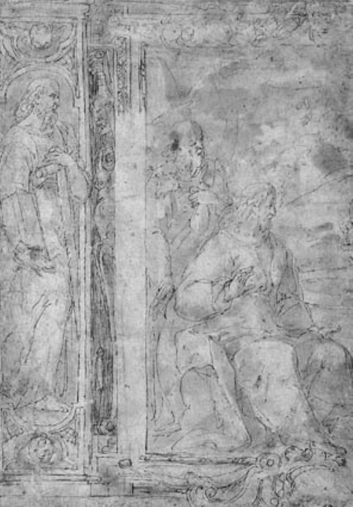 Two panels for a wall decoration. On the left Simon the apostle, on the right the left half of a depiction of Christ and the woman of Samaria by Filippo Bellini