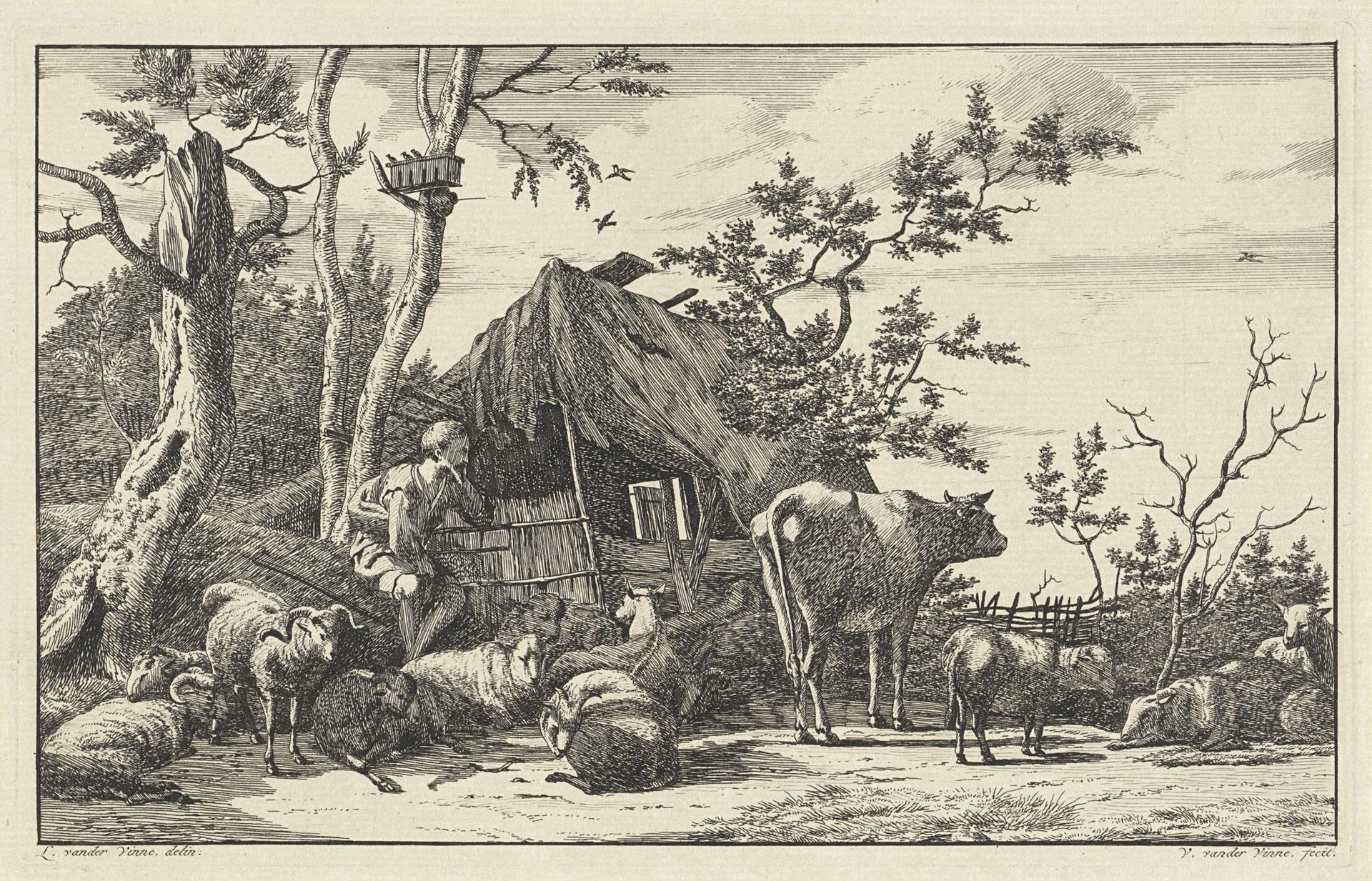Zittende herder met vee voor een vervallen schuur by Vincent Jansz. van der Vinne