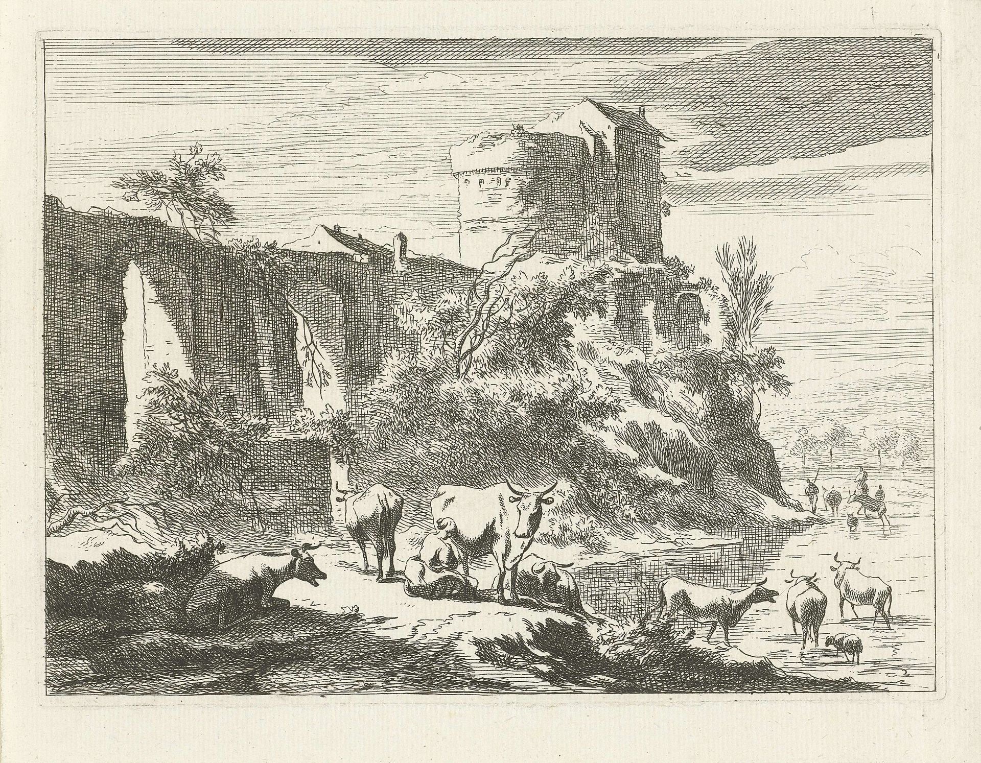 Landschap met ruïne en vee by Johannes Gronsveld