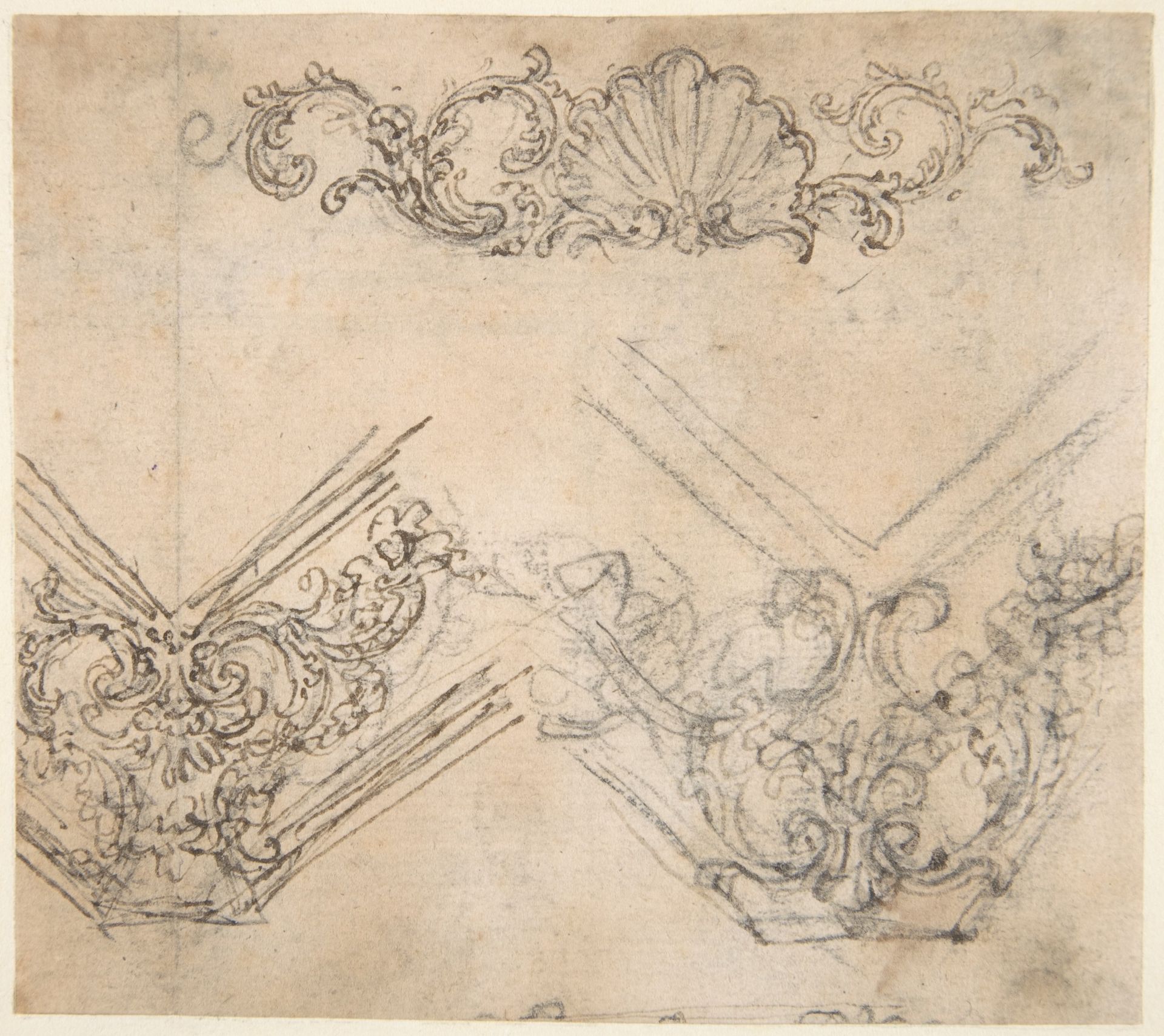 Designs for the Decoration of a Frieze and Corner Motifs (recto); Design for Two Frames Decorated with Volutes, Garlands and the Head of a Putto (verso) by Giovanni Battista Foggini