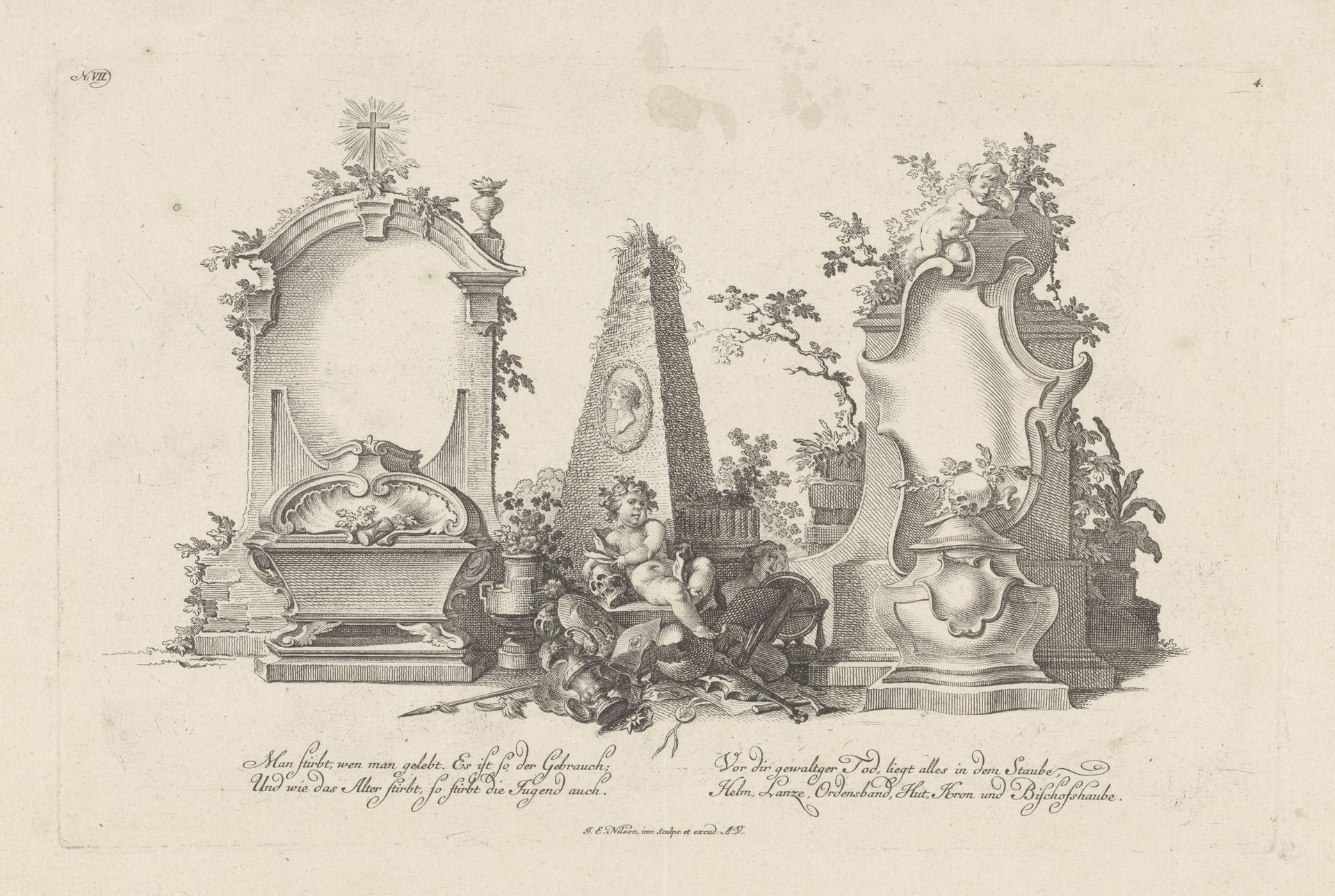 Cartouches en putto met doodshood by Johann Esaias Nilson