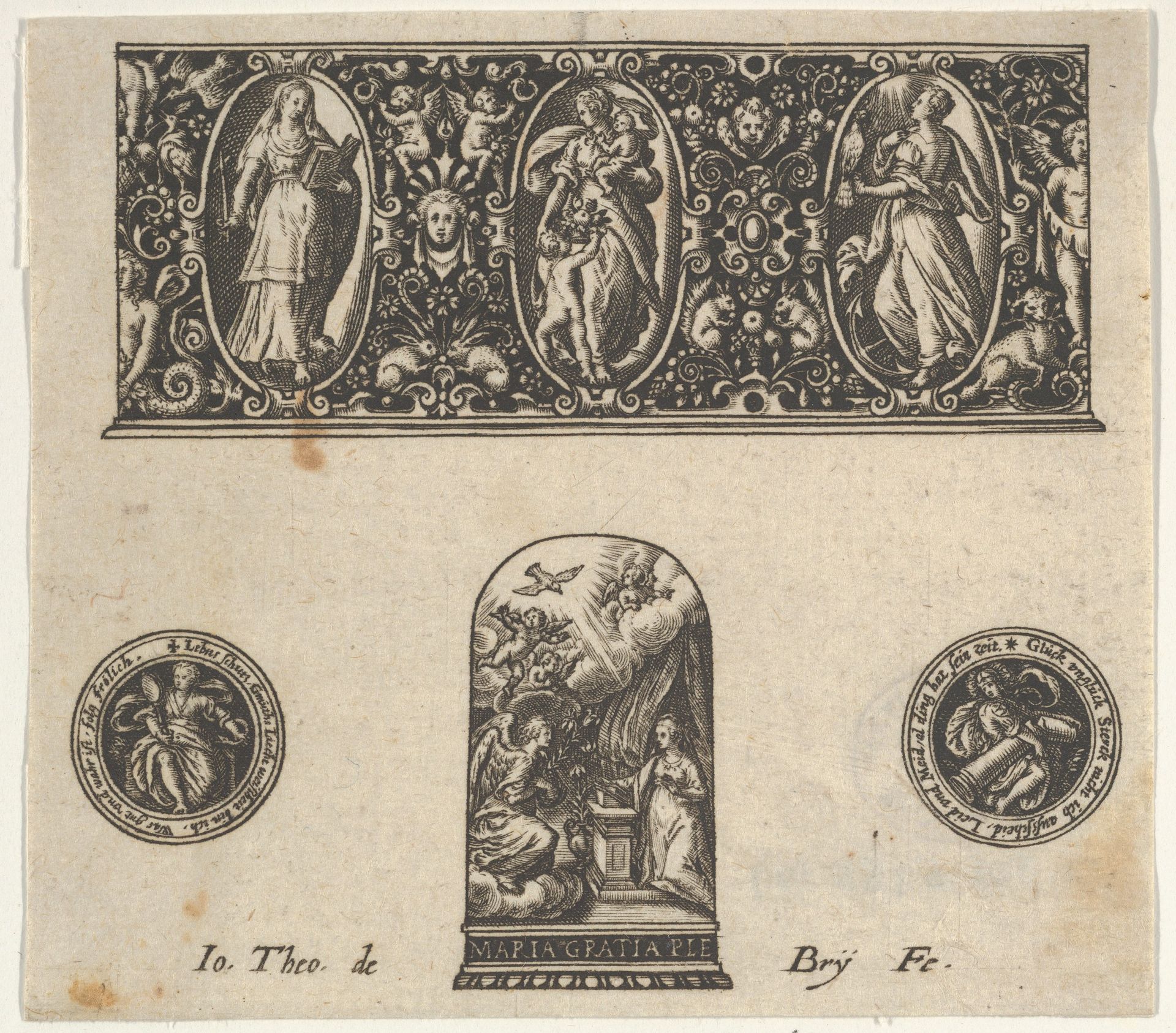 Horizontal Panel with Design for a Thimble with the Annuciation Below a Frieze with Three Figures in Ovals by Johann Theodor de Bry