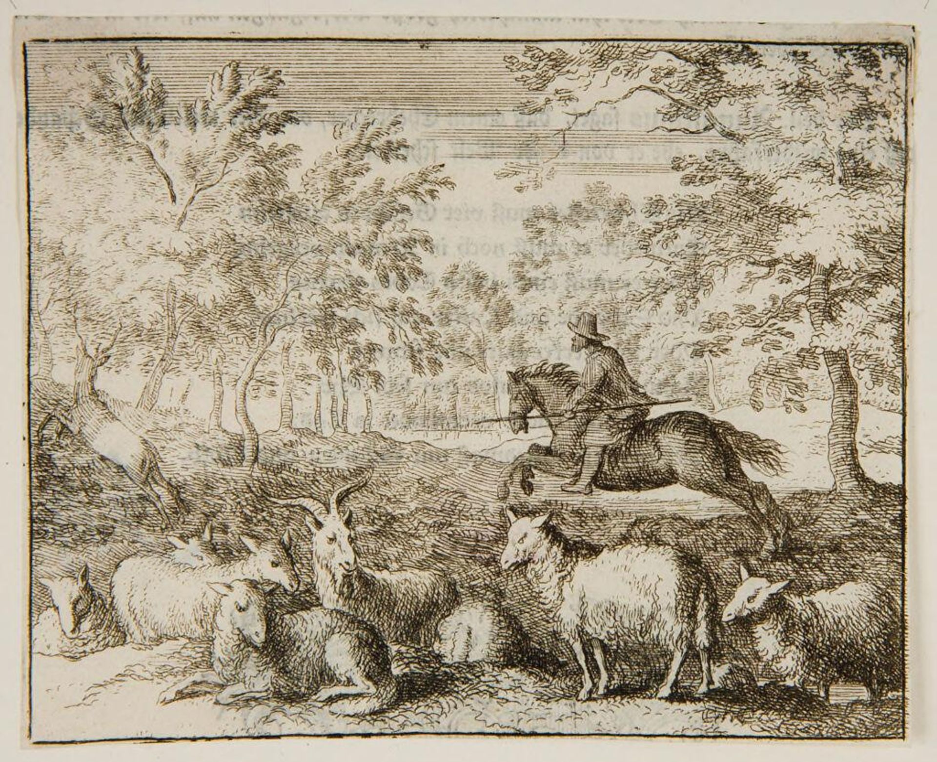 Man gallops on horseback into woods away from sheep and goat by Allart van Everdingen