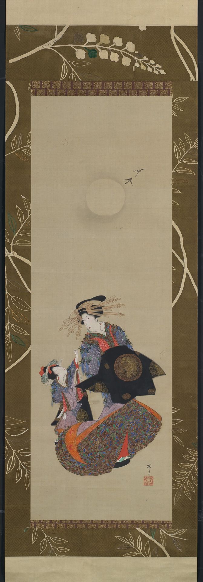 Beauty of the Yoshiwara with Apprentice in Moonlight by Teisai Hokuba 蹄斎北馬
