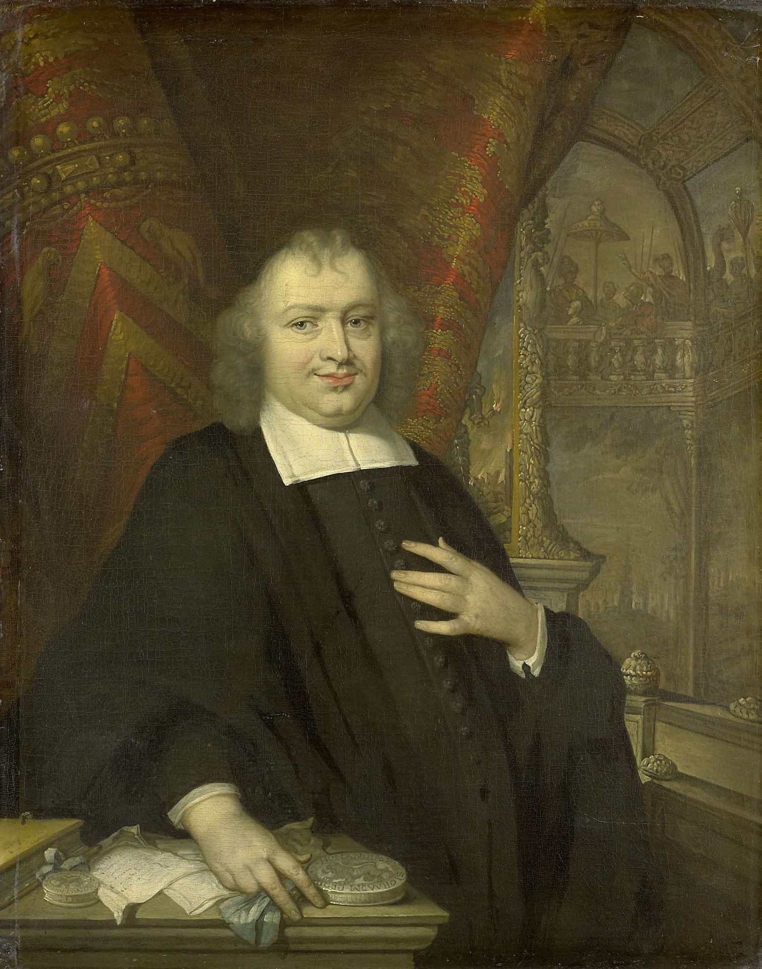 ['"Portrait of Gaspar Fagel, Grand Pensionary of Holland after 1672', ' in the background is the Meeting Hall of the States of Holland at the Binnenhof in The Hague "'] by Johannes (I) Vollevens