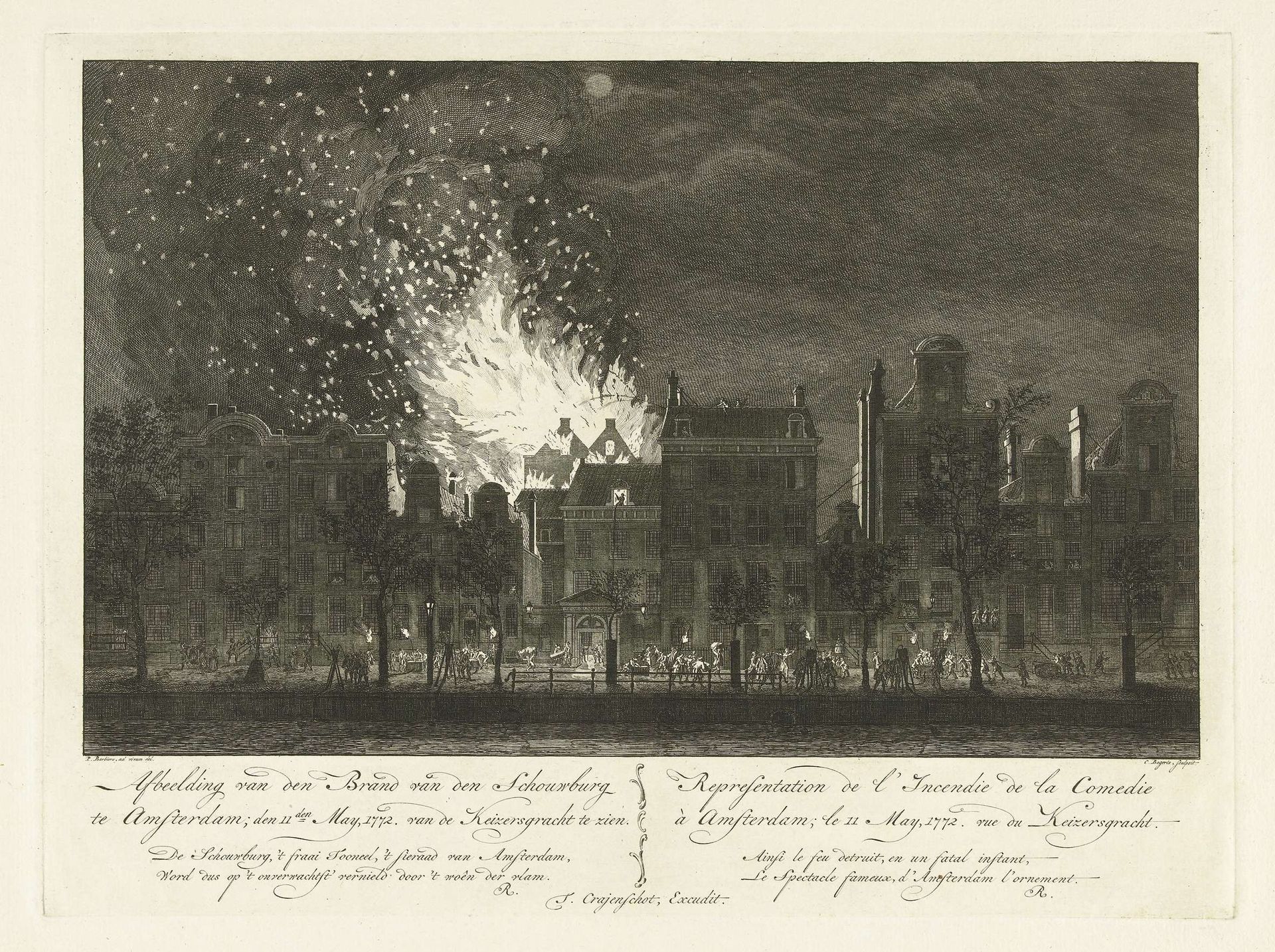 Brand in de Amsterdamse Schouwburg gezien vanaf de overzijde van de Keizersgracht, 1772 by Cornelis Bogerts