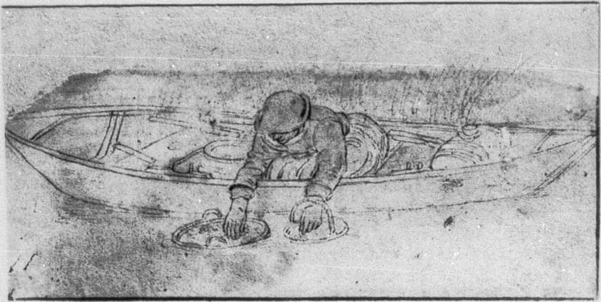 Een Visvrouw in Een Boot Dompelt Twee Viskorven Onder Water by Hendrick Avercamp