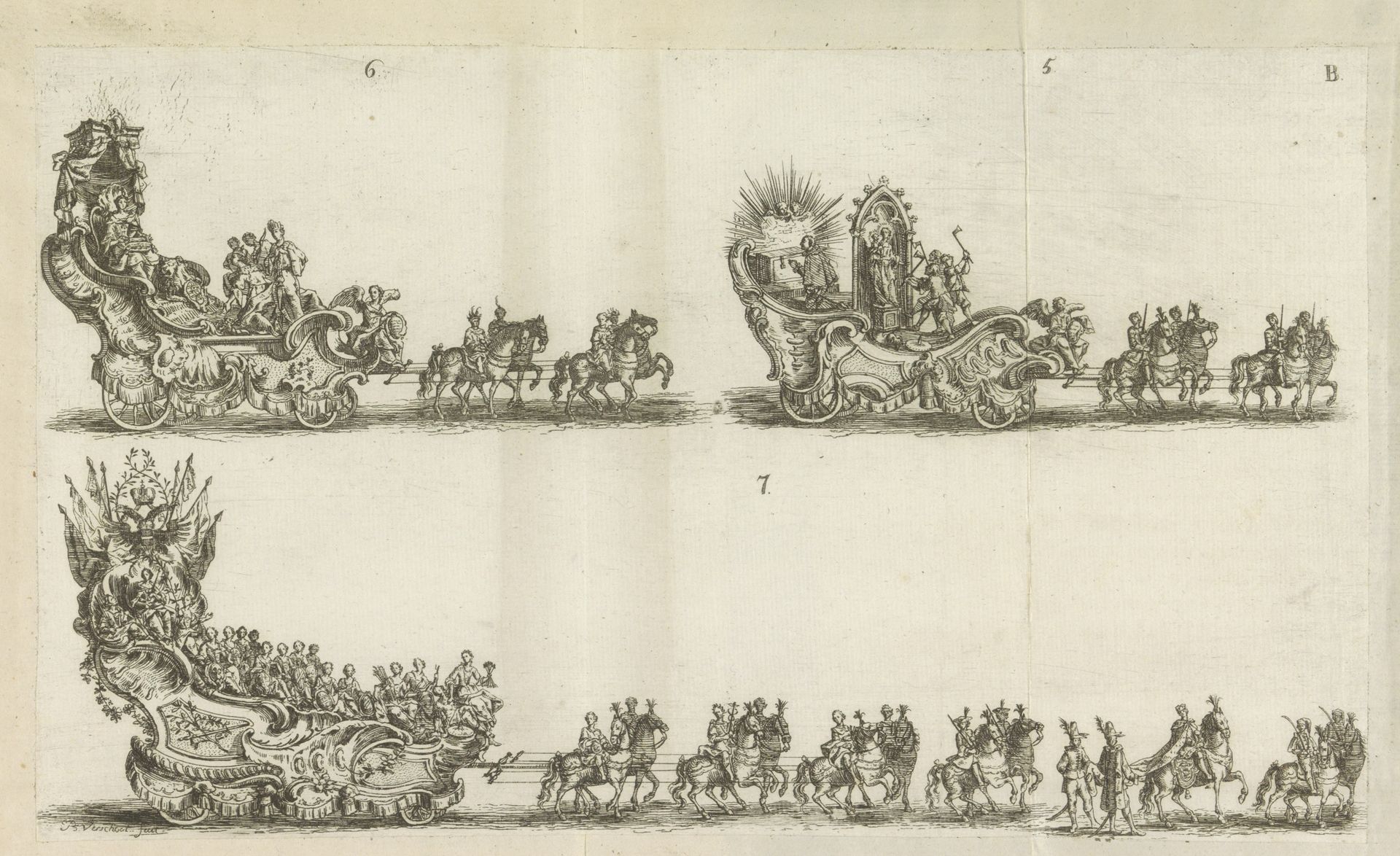 Drie praalwagens, genummerd 5-7, 1749 by Bernard Verschoot