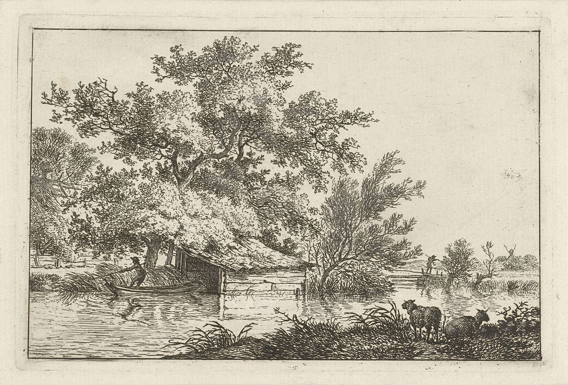 Schuitje bij boothuis by Hermanus Fock