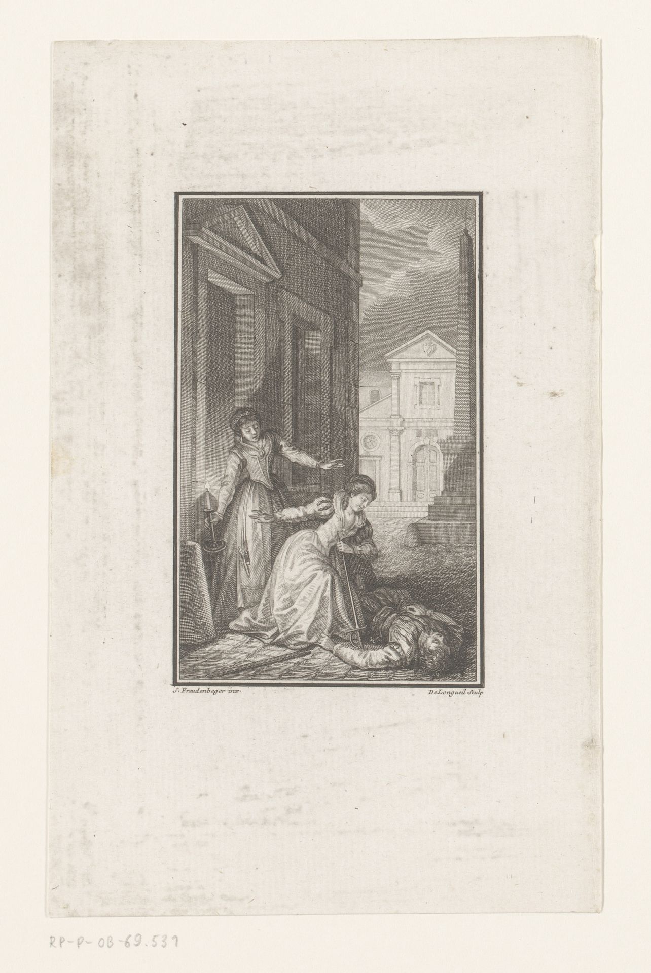 Vrouw met zwaard en dienstmeid bij een dode man by Joseph de Longueil