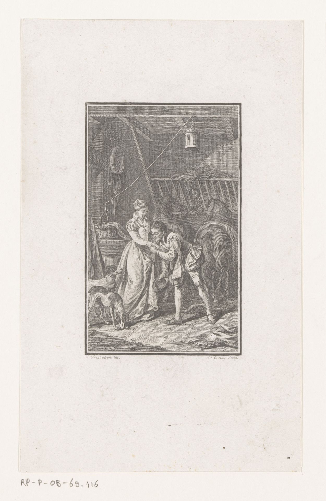 Man kust de hand van een vrouw in een stal met paarden by Jacques Le Roy