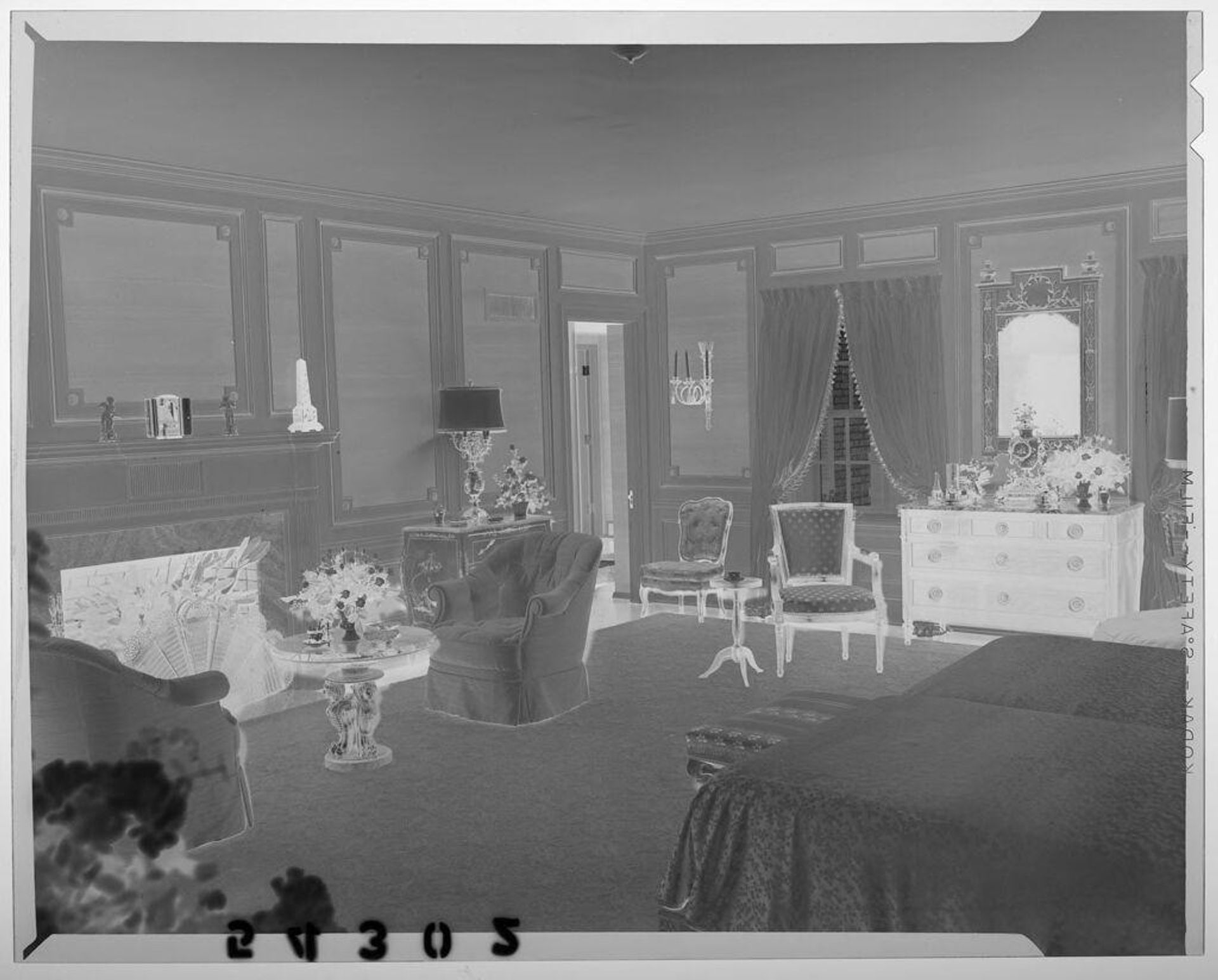 Untitled (interior of bedroom with fireplace and chairs) by Martin Schweig