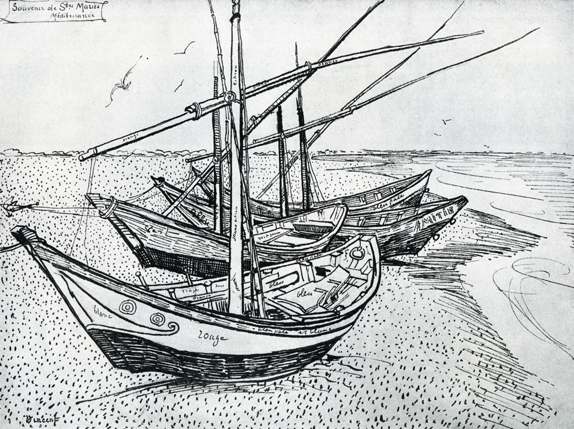 Fishing boats on the Beach at Les Saintes-Maries-de-la-Mer by Vincent van Gogh