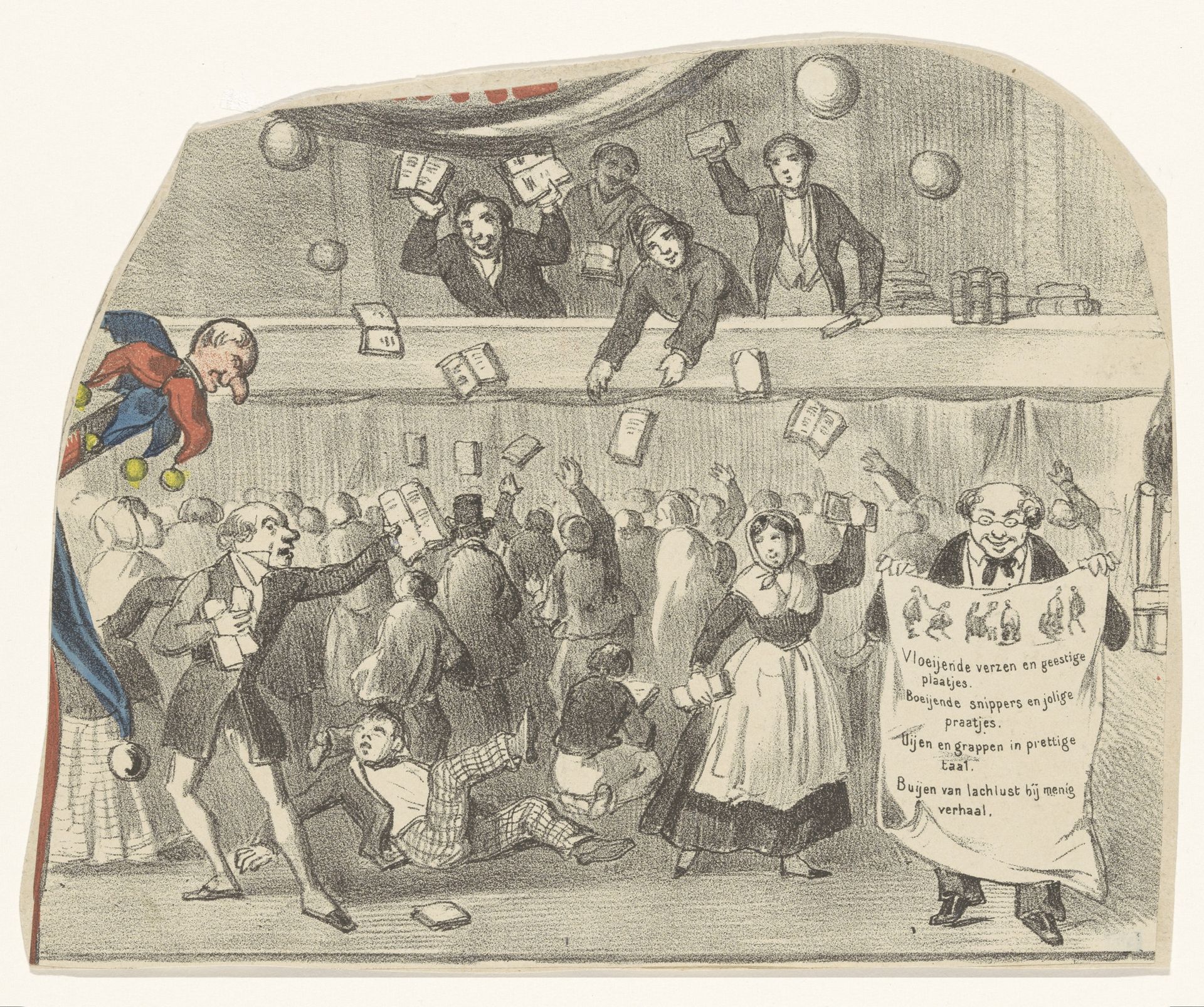 Vier mannen gooien boeken van een balustrade by Hendrik Wilhelmus Last
